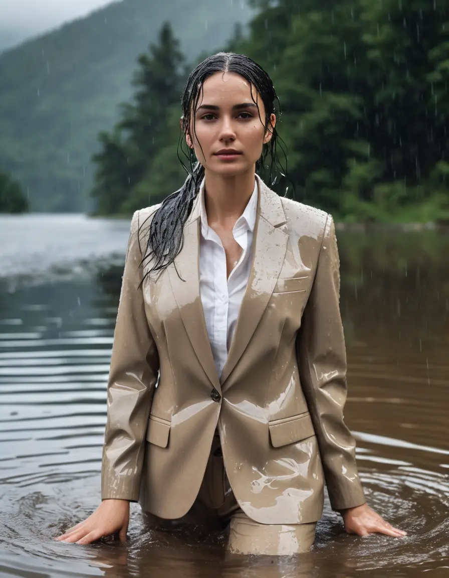 photo of young woman, in soaking wet, drenched clothes,
Beige Business Trouser, Beige Business Suit Jacket with White button down long sleeve business Shirt, Clear Mountain Lake with heavy rain, 
enjoying, wet clothes stuck to body,
detailed textures of the wet clothes, wet face, wet plastered hair,
wet, drenched, professional, high-quality details, full body view.
sharp focus, ultra-high pixel detail, realistic, high-quality, full colors, incredibly detailed, 4k, 8k, 16k, hyper-realistic, RAW photo, masterpiece, ultra-detailed, professionally color graded, professional photograph, white Black haired woman, completely soaked, fully drenched, completely wet, wetlook, heavy rain, side parting, open hair, long hair, rain storm