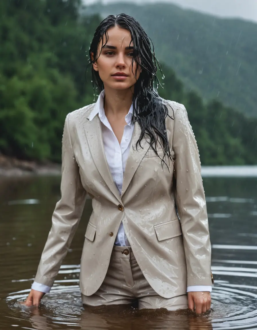 photo of young woman, in soaking wet, drenched clothes,
Beige Business Trouser, Beige Business Suit Jacket with White button down long sleeve business Shirt, Clear Mountain Lake with heavy rain, 
enjoying, wet clothes stuck to body,
detailed textures of the wet clothes, wet face, wet plastered hair,
wet, drenched, professional, high-quality details, full body view.
sharp focus, ultra-high pixel detail, realistic, high-quality, full colors, incredibly detailed, 4k, 8k, 16k, hyper-realistic, RAW photo, masterpiece, ultra-detailed, professionally color graded, professional photograph, white Black haired woman, completely soaked, fully drenched, completely wet, wetlook, heavy rain, side parting, open hair, long hair, rain storm