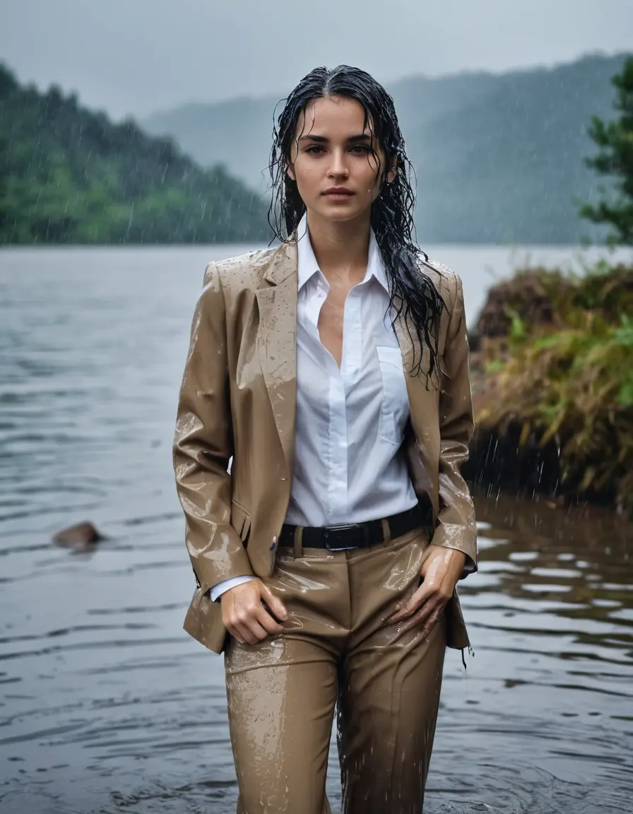 photo of young woman, in soaking wet, drenched clothes,
Beige Business Trouser, Beige Business Suit Jacket with White button down long sleeve business Shirt, Clear Mountain Lake with heavy rain, 
enjoying, wet clothes stuck to body,
detailed textures of the wet clothes, wet face, wet plastered hair,
wet, drenched, professional, high-quality details, full body view.
sharp focus, ultra-high pixel detail, realistic, high-quality, full colors, incredibly detailed, 4k, 8k, 16k, hyper-realistic, RAW photo, masterpiece, ultra-detailed, professionally color graded, professional photograph, white Black haired woman, completely soaked, fully drenched, completely wet, wetlook, heavy rain, side parting, open hair, long hair, rain storm