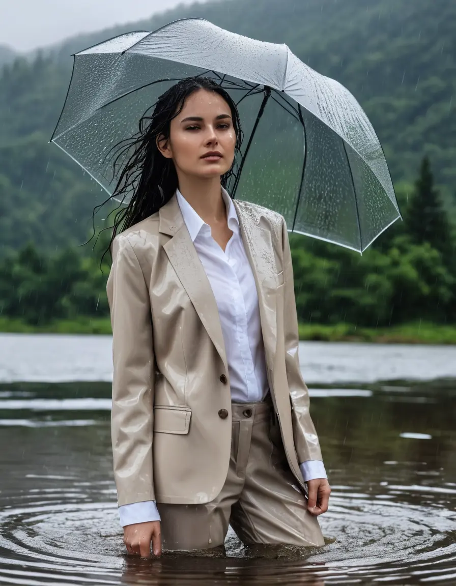photo of young woman, in soaking wet, drenched clothes,
Beige Business Trouser, Beige Business Suit Jacket with White button down long sleeve business Shirt, Clear Mountain Lake with heavy rain, 
enjoying, wet clothes stuck to body,
detailed textures of the wet clothes, wet face, wet plastered hair,
wet, drenched, professional, high-quality details, full body view.
sharp focus, ultra-high pixel detail, realistic, high-quality, full colors, incredibly detailed, 4k, 8k, 16k, hyper-realistic, RAW photo, masterpiece, ultra-detailed, professionally color graded, professional photograph, white Black haired woman, completely soaked, fully drenched, completely wet, wetlook, heavy rain, side parting, open hair, long hair, rain storm