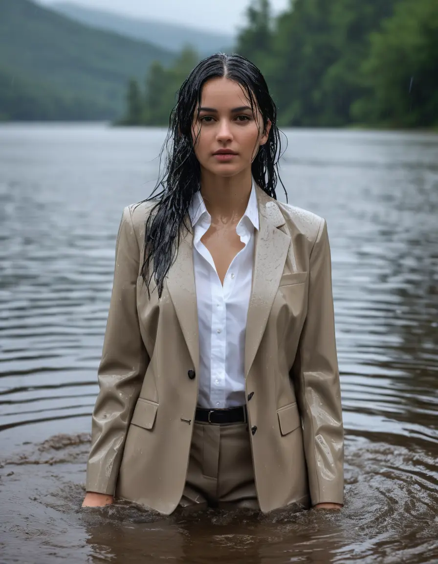 photo of young woman, in soaking wet, drenched clothes,
Beige Business Trouser, Beige Business Suit Jacket with White button down long sleeve business Shirt, Clear Mountain Lake with heavy rain, 
enjoying, wet clothes stuck to body,
detailed textures of the wet clothes, wet face, wet plastered hair,
wet, drenched, professional, high-quality details, full body view.
sharp focus, ultra-high pixel detail, realistic, high-quality, full colors, incredibly detailed, 4k, 8k, 16k, hyper-realistic, RAW photo, masterpiece, ultra-detailed, professionally color graded, professional photograph, white Black haired woman, completely soaked, fully drenched, completely wet, wetlook, heavy rain, side parting, open hair, long hair, rain storm