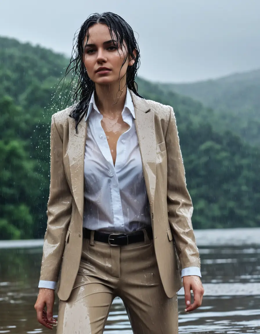 photo of young woman, in soaking wet, drenched clothes,
Beige Business Trouser, Beige Business Suit Jacket with White button down long sleeve business Shirt, Clear Mountain Lake with heavy rain, 
enjoying, wet clothes stuck to body,
detailed textures of the wet clothes, wet face, wet plastered hair,
wet, drenched, professional, high-quality details, full body view.
sharp focus, ultra-high pixel detail, realistic, high-quality, full colors, incredibly detailed, 4k, 8k, 16k, hyper-realistic, RAW photo, masterpiece, ultra-detailed, professionally color graded, professional photograph, young white Black haired woman, completely soaked, fully drenched, completely wet, wetlook, heavy rain, side parting, open hair, long hair, rain storm