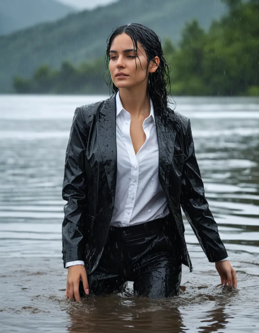 photo of young woman, in soaking wet, drenched clothes,
Black Business Trouser, Black Business Suit Jacket with White button down long sleeve business Shirt, Clear Mountain Lake with heavy rain, 
enjoying, wet clothes stuck to body,
detailed textures of the wet clothes, wet face, wet plastered hair,
wet, drenched, professional, high-quality details, full body view.
sharp focus, ultra-high pixel detail, realistic, high-quality, full colors, incredibly detailed, 4k, 8k, 16k, hyper-realistic, RAW photo, masterpiece, ultra-detailed, professionally color graded, professional photograph, white Black haired woman, completely soaked, fully drenched, completely wet, wetlook, heavy rain, side parting, open hair, long hair, rain storm