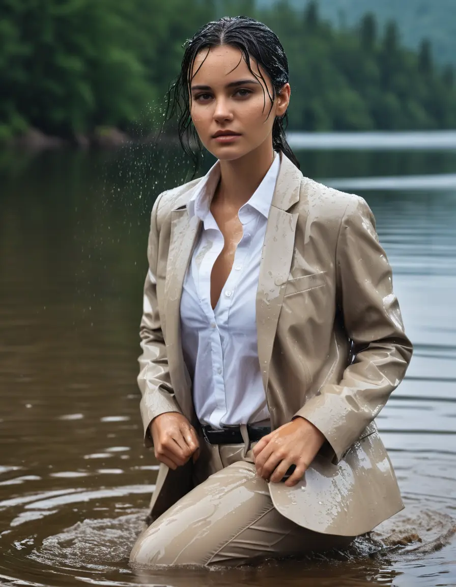 photo of young woman, in soaking wet, drenched clothes,
Beige Business Trouser, Beige Business Suit Jacket with White button down long sleeve business Shirt, Clear Mountain Lake with heavy rain, 
enjoying, wet clothes stuck to body,
detailed textures of the wet clothes, wet face, wet plastered hair,
wet, drenched, professional, high-quality details, full body view.
sharp focus, ultra-high pixel detail, realistic, high-quality, full colors, incredibly detailed, 4k, 8k, 16k, hyper-realistic, RAW photo, masterpiece, ultra-detailed, professionally color graded, professional photograph, young white Black haired woman, completely soaked, fully drenched, completely wet, wetlook, heavy rain, side parting, open hair, long hair, rain storm