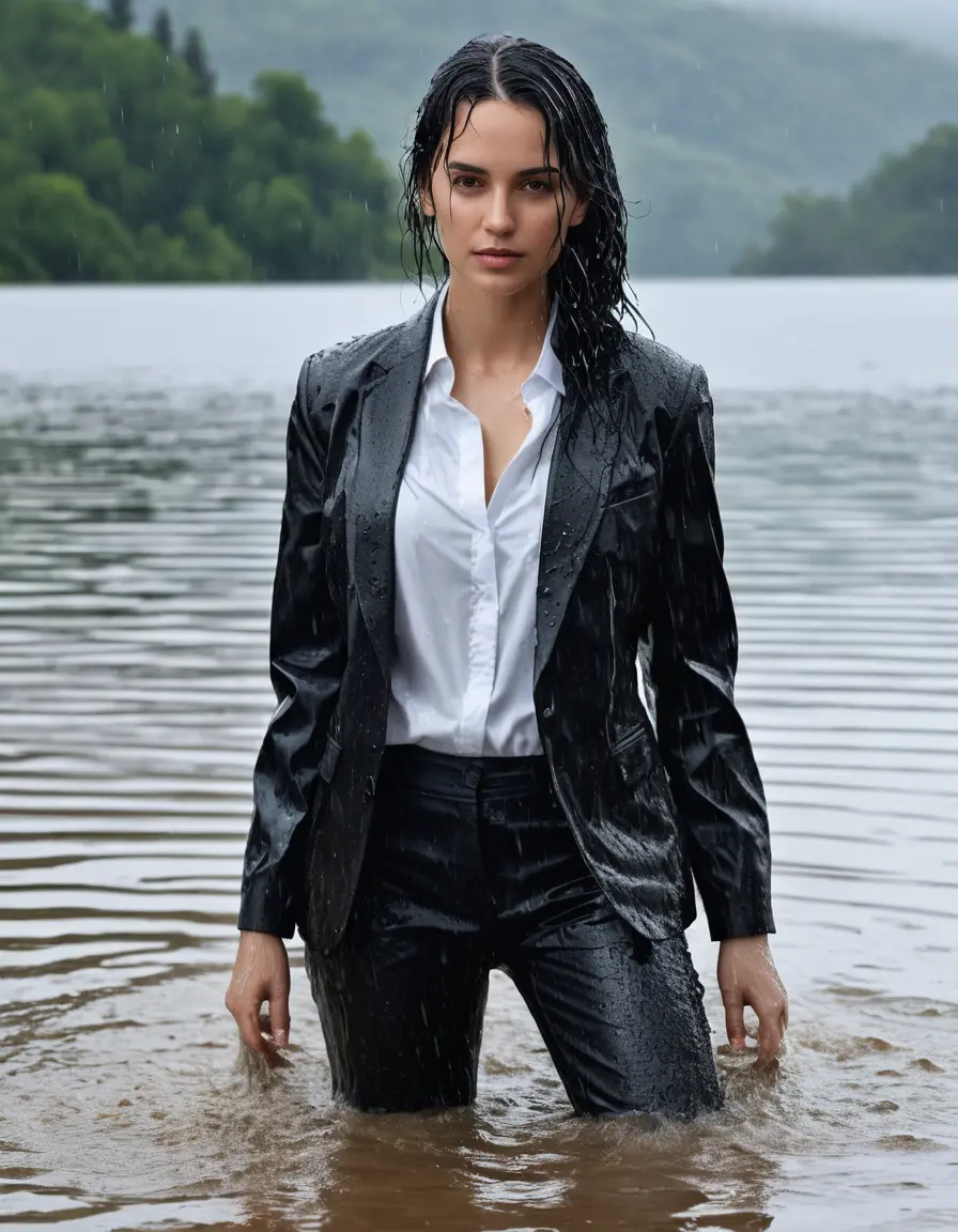 photo of young woman, in soaking wet, drenched clothes,
Black Business Trouser, Black Business Suit Jacket with White button down long sleeve business Shirt, Clear Mountain Lake with heavy rain, 
enjoying, wet clothes stuck to body,
detailed textures of the wet clothes, wet face, wet plastered hair,
wet, drenched, professional, high-quality details, full body view.
sharp focus, ultra-high pixel detail, realistic, high-quality, full colors, incredibly detailed, 4k, 8k, 16k, hyper-realistic, RAW photo, masterpiece, ultra-detailed, professionally color graded, professional photograph, white Black haired woman, completely soaked, fully drenched, completely wet, wetlook, heavy rain, side parting, open hair, long hair, rain storm