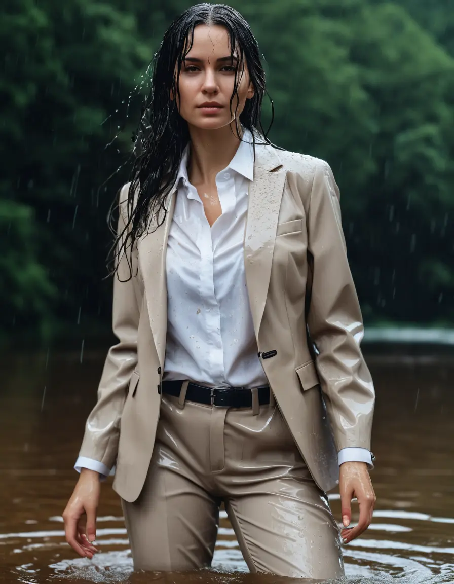 photo of young woman, in soaking wet, drenched clothes,
Beige Business Trouser, Beige Business Suit Jacket with White button down long sleeve business Shirt, Clear Mountain Lake with heavy rain, 
enjoying, wet clothes stuck to body,
detailed textures of the wet clothes, wet face, wet plastered hair,
wet, drenched, professional, high-quality details, full body view.
sharp focus, ultra-high pixel detail, realistic, high-quality, full colors, incredibly detailed, 4k, 8k, 16k, hyper-realistic, RAW photo, masterpiece, ultra-detailed, professionally color graded, professional photograph, white Black haired woman, completely soaked, fully drenched, completely wet, wetlook, heavy rain, side parting, open hair, long hair, rain storm