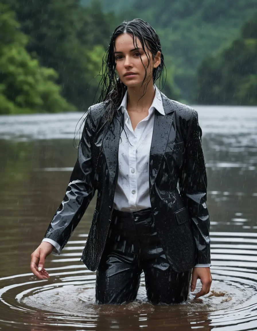 photo of young woman, in soaking wet, drenched clothes,
Black Business Trouser, Black Business Suit Jacket with White button down long sleeve business Shirt, Clear Mountain Lake with heavy rain, 
enjoying, wet clothes stuck to body,
detailed textures of the wet clothes, wet face, wet plastered hair,
wet, drenched, professional, high-quality details, full body view.
sharp focus, ultra-high pixel detail, realistic, high-quality, full colors, incredibly detailed, 4k, 8k, 16k, hyper-realistic, RAW photo, masterpiece, ultra-detailed, professionally color graded, professional photograph, white Black haired woman, completely soaked, fully drenched, completely wet, wetlook, heavy rain, side parting, open hair, long hair, rain storm