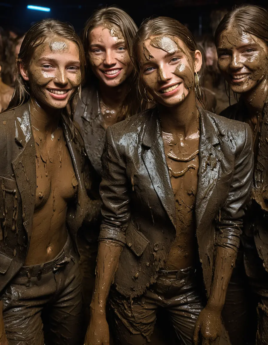 photo of young woman, in soaking wet, drenched clothes,
Muddy high heels, Long very muddy suit pants, Full muddy ruined fully-opened unbuttoned blazer like a fancy uniform over topless exposed small boobs., Dark muddy indoor disco club at night. Deep mud on the floor, mud splashed walls, dripping mud from above, very dark mood lighting with pink and blue neon lights from above. Muddy chairs and sofas in the background. , 
enjoying, wet clothes stuck to body,
detailed textures of the wet clothes, wet face, wet plastered hair,
wet, drenched, professional, high-quality details, full body view.
sharp focus, ultra-high pixel detail, realistic, high-quality, full colors, incredibly detailed, 4k, 8k, 16k, hyper-realistic, RAW photo, masterpiece, ultra-detailed, professionally color graded, professional photograph, Large group of very young-looking pretty cute innocent blonde teen 16 years old beautiful girls are standing together in deep muddy pool after a full dip in mud pool and holding a glass of champagne in their hands during the crazy muddy indoor crowded disco party at night and posing for a professional photo. Focus on the glass of champagne. They are proudly wearing their fully and heavily mud-covered unbuttoned and opened suits over their exposed muddy topless small boobs. Thick mud on their blazers and pants. Every small details of the clothes are muddy, muddy beautiful faces, muddy chests and boobs. Their blazer has the same colour as their muddy pants. There are small group of similar muddy clubbing teen girls in the near background. The classy elegant disco club is totally destroyed by mud, mud spots everywhere, mud flows down on the walls, mud on the furnitures in the background. Straight very long open wavy hairstyle, muddy hair, smiling and beautiful muddy faces, blue eyes, earrings, lipstick. The girls are enjoying to being total muddy in the muddy pool, being sexy, naughty while they are enjoying the muddy fetish party. Realistic muddy boobs and photorealistic detailed smiling facial expressions. Intimate close-up picture about the girls from side viewpoint. Close-up photo, highly realistic representation, ultra sharp focus, highly photorealistic detailed textures, highly photorealistic detailed facial features and expressions, highly photorealistic hands, highly emotional reactions, highly best quality, highly sharp photorealistic image, highly photorealistic details, full UHD resolution, 32 K, very high level of detail and image sharpness, zoomed in