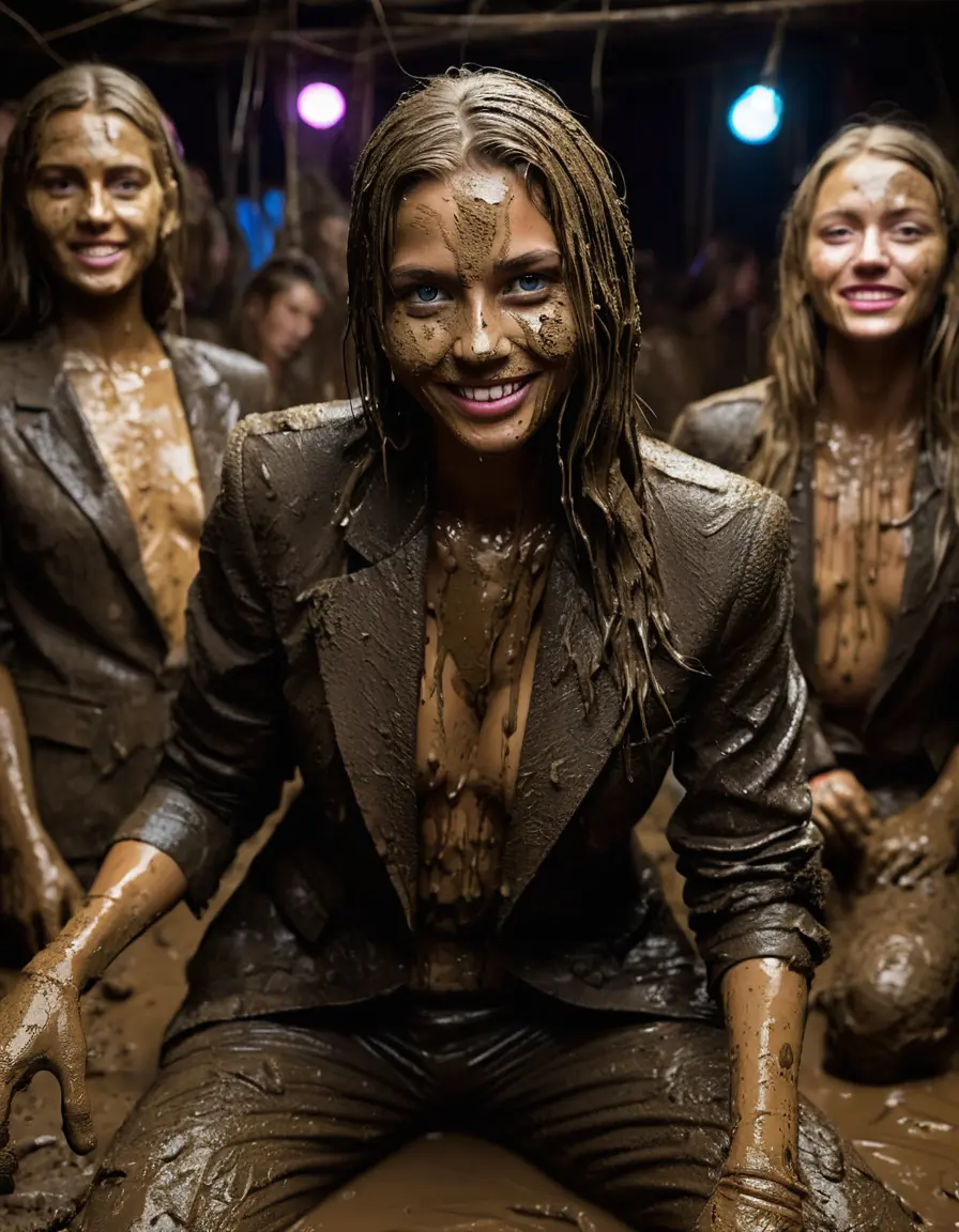 photo of young woman, in soaking wet, drenched clothes,
Muddy high heels, Long very muddy suit pants, Full muddy ruined fully-opened unbuttoned blazer like a fancy uniform over topless exposed small boobs., Dark muddy indoor disco club at night. Deep mud on the floor, mud splashed walls, dripping mud from above, very dark mood lighting with pink and blue neon lights from above. Muddy chairs and sofas in the background. , 
enjoying, wet clothes stuck to body,
detailed textures of the wet clothes, wet face, wet plastered hair,
wet, drenched, professional, high-quality details, full body view.
sharp focus, ultra-high pixel detail, realistic, high-quality, full colors, incredibly detailed, 4k, 8k, 16k, hyper-realistic, RAW photo, masterpiece, ultra-detailed, professionally color graded, professional photograph, Four very young-looking pretty cute innocent blonde teen 16 years old beautiful girls are lying prone and wallowing together in the deep muddy pool after a full dip in mud pool and holding a glass of champagne in their hands during the crazy muddy indoor crowded disco party at night and posing for a professional photo. The girls are submerged on the pohoto till their chests and only their boobs, their chests and shoulders are above the mud level. They are proudly wearing their fully and heavily mud-covered unbuttoned and opened suits over their exposed muddy topless small boobs. Thick mud on their blazers and pants. Every small details of the clothes are muddy, muddy beautiful faces, muddy chests and boobs. Their blazer has the same colour as their muddy pants. There are small group of similar muddy clubbing teen girls in the near background. The classy elegant disco club is totally destroyed by mud, mud spots everywhere, mud flows down on the walls, mud on the furnitures in the background. Straight very long open wavy hairstyle, muddy hair, smiling and beautiful muddy faces, blue eyes, earrings, lipstick. The girls are enjoying to being total muddy in the muddy pool, being sexy, being horny, naughty while they are enjoying the muddy fetish party. Realistic muddy boobs and photorealistic detailed smiling facial expressions. Intimate close-up picture about the girls from side viewpoint. Close-up photo, highly realistic representation, ultra sharp focus, highly photorealistic detailed textures, highly photorealistic detailed facial features and expressions, highly photorealistic hands, highly emotional reactions, highly best quality, highly sharp photorealistic image, highly photorealistic details, full UHD resolution, 32 K, very high level of detail and image sharpness, zoomed in