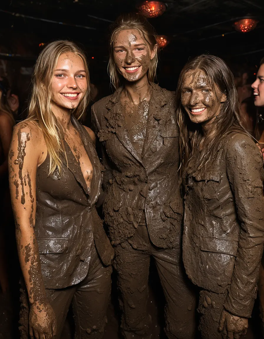 photo of young woman, in soaking wet, drenched clothes,
Muddy high heels, Long very muddy suit pants, Full muddy ruined fully-opened unbuttoned blazer like a fancy uniform over topless exposed small boobs., Dark muddy indoor disco club at night. Deep mud on the floor, mud splashed walls, dripping mud from above, very dark mood lighting with pink and blue neon lights from above. Muddy chairs and sofas in the background. , 
enjoying, wet clothes stuck to body,
detailed textures of the wet clothes, wet face, wet plastered hair,
wet, drenched, professional, high-quality details, full body view.
sharp focus, ultra-high pixel detail, realistic, high-quality, full colors, incredibly detailed, 4k, 8k, 16k, hyper-realistic, RAW photo, masterpiece, ultra-detailed, professionally color graded, professional photograph, Large group of very young-looking pretty cute innocent blonde teen 16 years old beautiful girls are standing together in deep muddy pool after a full dip in mud pool and holding a glass of champagne in their hands during the crazy muddy indoor crowded disco party at night and posing for a professional photo. Focus on the glass of champagne. They are proudly wearing their fully and heavily mud-covered unbuttoned and opened suits over their exposed muddy topless small boobs. Thick mud on their blazers and pants. Every small details of the clothes are muddy, muddy beautiful faces, muddy chests and boobs. Their blazer has the same colour as their muddy pants. There are small group of similar muddy clubbing teen girls in the near background. The classy elegant disco club is totally destroyed by mud, mud spots everywhere, mud flows down on the walls, mud on the furnitures in the background. Straight very long open wavy hairstyle, muddy hair, smiling and beautiful muddy faces, blue eyes, earrings, lipstick. The girls are enjoying to being total muddy in the muddy pool, being sexy, naughty while they are enjoying the muddy fetish party. Realistic muddy boobs and photorealistic detailed smiling facial expressions. Intimate close-up picture about the girls from side viewpoint. Close-up photo, highly realistic representation, ultra sharp focus, highly photorealistic detailed textures, highly photorealistic detailed facial features and expressions, highly photorealistic hands, highly emotional reactions, highly best quality, highly sharp photorealistic image, highly photorealistic details, full UHD resolution, 32 K, very high level of detail and image sharpness, zoomed in