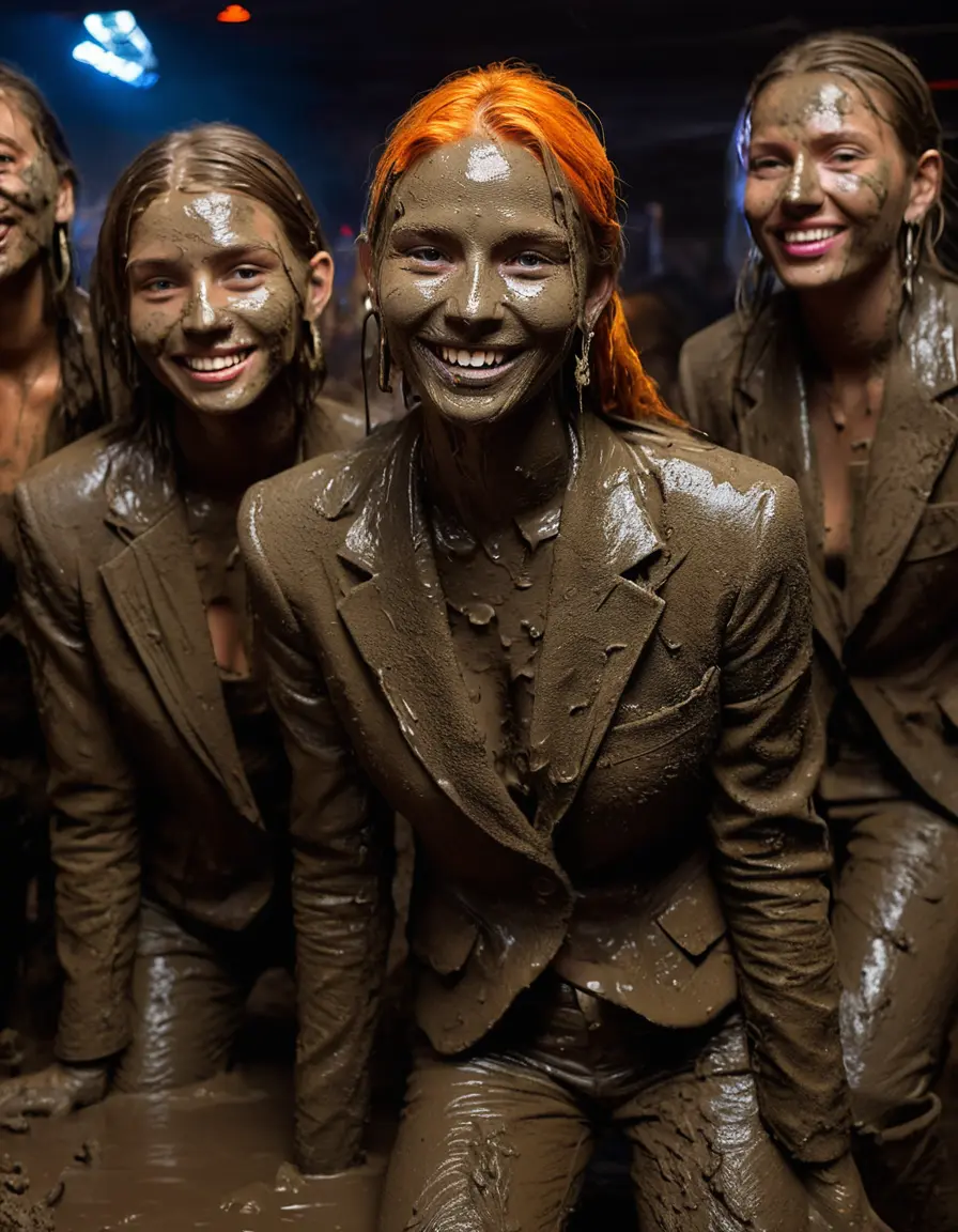 photo of young woman, in soaking wet, drenched clothes,
Muddy high heels, Long very muddy suit pants, Full muddy ruined fully-opened unbuttoned blazer like a fancy uniform over topless exposed small boobs., Dark muddy indoor disco club at night. Deep mud on the floor, mud splashed walls, dripping mud from above, very dark mood lighting with pink and blue neon lights from above. Muddy chairs and sofas in the background. , 
enjoying, wet clothes stuck to body,
detailed textures of the wet clothes, wet face, wet plastered hair,
wet, drenched, professional, high-quality details, full body view.
sharp focus, ultra-high pixel detail, realistic, high-quality, full colors, incredibly detailed, 4k, 8k, 16k, hyper-realistic, RAW photo, masterpiece, ultra-detailed, professionally color graded, professional photograph, Four very young-looking pretty cute innocent blonde teen 14 years old beautiful girls are bathing together in deep muddy pool after a full dip in mud pool and holding a glass of champagne in their hands during the crazy muddy indoor crowded disco party at night and posing for a professional photo. They are proudly wearing their fully and heavily mud-covered unbuttoned and opened suits over their exposed muddy topless small boobs. Thick mud on their blazers and pants. Every small details of the clothes are muddy, muddy beautiful faces, muddy chests and boobs. Their blazer has the same colour as their muddy pants. There are small group of similar muddy clubbing teen girls in the near background. The classy elegant disco club is totally destroyed by mud, mud spots everywhere, mud flows down on the walls, mud on the furnitures in the background. Straight very long open wavy hairstyle, muddy hair, smiling and beautiful muddy faces, blue eyes, earrings, lipstick. The girls are enjoying to being total muddy in the muddy pool, being sexy, being horny, naughty while they are enjoying the muddy fetish party. Realistic muddy boobs and photorealistic detailed smiling facial expressions. Intimate close-up picture about the girls from side viewpoint. Close-up photo, highly realistic representation, ultra sharp focus, highly photorealistic detailed textures, highly photorealistic detailed facial features and expressions, highly photorealistic hands, highly emotional reactions, highly best quality, highly sharp photorealistic image, highly photorealistic details, full UHD resolution, 32 K, very high level of detail and image sharpness, zoomed in
