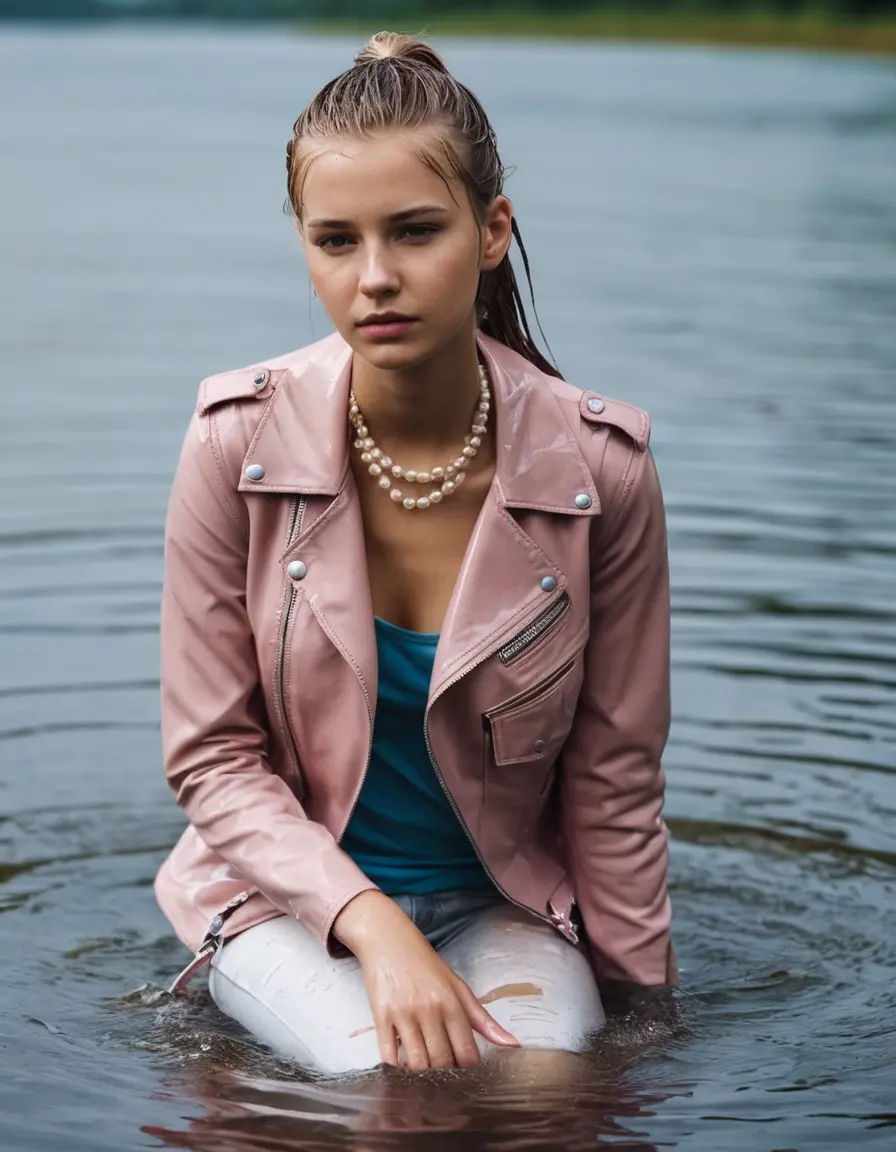 photo of young woman, in soaking wet, drenched clothes,
ankle boots, super skin tight white denim jeans, slim fit light pink biker leatherjacket,  tight sexy tshirt with wide necklace, handbag, pearl necklace, Fifteen years horny blonde teenage girl with her Friends holds her hand over her mouth and nose wrings out her wet clothes deep submerged into water for a picture near a dock, 
enjoying, wet clothes stuck to body,
detailed textures of the wet clothes, wet face, wet plastered hair,
wet, drenched, professional, high-quality details, full body view.
sharp focus, ultra-high pixel detail, realistic, high-quality, full colors, incredibly detailed, 4k, 8k, 16k, hyper-realistic, RAW photo, masterpiece, ultra-detailed, professionally color graded, professional photograph, Fifteen years old, completely soaked, completely dripping wet from head to toe, very wet clothes, sleek ponytail, worried and embarrassed facial expression, slight yawn, moaning,  all girls wear different styles of clothes, she takes her handbag with her into the water, a lot of people stands in the background, close-up, view from above, highly realistic representation, ultra sharp focus, highly photorealistic detailed facial features and expressions, highly photorealistic hands, highly best quality, highly sharp photorealistic image, highly photorealistic details, highest photorealistic wet clothes, full UHD resolution, highest photorealistic sharpness of the image, 32 K