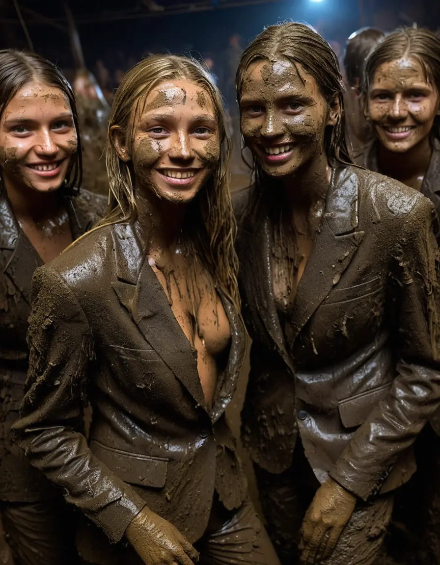 photo of young woman, in soaking wet, drenched clothes,
Muddy high heels, Long very muddy suit pants, Full muddy ruined fully-opened unbuttoned blazer like a fancy uniform over topless exposed small boobs., Dark muddy indoor disco club at night. Deep mud on the floor, mud splashed walls, dripping mud from above, very dark mood lighting with pink and blue neon lights from above. Muddy chairs and sofas in the background. , 
enjoying, wet clothes stuck to body,
detailed textures of the wet clothes, wet face, wet plastered hair,
wet, drenched, professional, high-quality details, full body view.
sharp focus, ultra-high pixel detail, realistic, high-quality, full colors, incredibly detailed, 4k, 8k, 16k, hyper-realistic, RAW photo, masterpiece, ultra-detailed, professionally color graded, professional photograph, Four very young-looking pretty cute innocent blonde teen 14 years old beautiful girls are bathing together submerged in deep muddy pool after a full dip in mud pool and holding a glass of champagne in their hands during the crazy muddy indoor crowded disco party at night and posing for a professional photo. The girls are submerged on the pohoto till their chests and only their boobs, their chests and shoulders are above the mud level. They are proudly wearing their fully and heavily mud-covered unbuttoned and opened suits over their exposed muddy topless small boobs. Thick mud on their blazers and pants. Every small details of the clothes are muddy, muddy beautiful faces, muddy chests and boobs. Their blazer has the same colour as their muddy pants. There are small group of similar muddy clubbing teen girls in the near background. The classy elegant disco club is totally destroyed by mud, mud spots everywhere, mud flows down on the walls, mud on the furnitures in the background. Straight very long open wavy hairstyle, muddy hair, smiling and beautiful muddy faces, blue eyes, earrings, lipstick. The girls are enjoying to being total muddy in the muddy pool, being sexy, being horny, naughty while they are enjoying the muddy fetish party. Realistic muddy boobs and photorealistic detailed smiling facial expressions. Intimate close-up picture about the girls from side viewpoint. Close-up photo, highly realistic representation, ultra sharp focus, highly photorealistic detailed textures, highly photorealistic detailed facial features and expressions, highly photorealistic hands, highly emotional reactions, highly best quality, highly sharp photorealistic image, highly photorealistic details, full UHD resolution, 32 K, very high level of detail and image sharpness, zoomed in