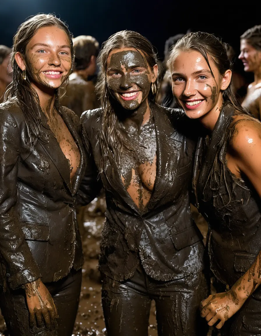 photo of young woman, in soaking wet, drenched clothes,
Muddy high heels, Long very muddy suit pants, Full muddy ruined fully-opened unbuttoned blazer like a fancy uniform over topless exposed small boobs., Dark muddy indoor disco club at night. Deep mud on the floor, mud splashed walls, dripping mud from above, very dark mood lighting with pink and blue neon lights from above. Muddy chairs and sofas in the background. , 
enjoying, wet clothes stuck to body,
detailed textures of the wet clothes, wet face, wet plastered hair,
wet, drenched, professional, high-quality details, full body view.
sharp focus, ultra-high pixel detail, realistic, high-quality, full colors, incredibly detailed, 4k, 8k, 16k, hyper-realistic, RAW photo, masterpiece, ultra-detailed, professionally color graded, professional photograph, Four very young-looking pretty cute innocent blonde teen 14 years old beautiful girls are bathing together submerged in deep muddy pool after a full dip in mud pool and holding a glass of champagne in their hands during the crazy muddy indoor crowded disco party at night and posing for a professional photo. The girls are submerged on the pohoto till their chests and only their boobs, their chests and shoulders are above the mud level. They are proudly wearing their fully and heavily mud-covered unbuttoned and opened suits over their exposed muddy topless small boobs. Thick mud on their blazers and pants. Every small details of the clothes are muddy, muddy beautiful faces, muddy chests and boobs. Their blazer has the same colour as their muddy pants. There are small group of similar muddy clubbing teen girls in the near background. The classy elegant disco club is totally destroyed by mud, mud spots everywhere, mud flows down on the walls, mud on the furnitures in the background. Straight very long open wavy hairstyle, muddy hair, smiling and beautiful muddy faces, blue eyes, earrings, lipstick. The girls are enjoying to being total muddy in the muddy pool, being sexy, being horny, naughty while they are enjoying the muddy fetish party. Realistic muddy boobs and photorealistic detailed smiling facial expressions. Intimate close-up picture about the girls from side viewpoint. Close-up photo, highly realistic representation, ultra sharp focus, highly photorealistic detailed textures, highly photorealistic detailed facial features and expressions, highly photorealistic hands, highly emotional reactions, highly best quality, highly sharp photorealistic image, highly photorealistic details, full UHD resolution, 32 K, very high level of detail and image sharpness, zoomed in