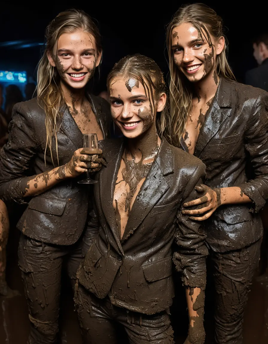 photo of young woman, in soaking wet, drenched clothes,
Muddy high heels, Long very muddy suit pants, Full muddy ruined fully-opened unbuttoned blazer like a fancy uniform over topless exposed small boobs., Dark muddy indoor disco club at night. Deep mud on the floor, mud splashed walls, dripping mud from above, very dark mood lighting with pink and blue neon lights from above. Muddy chairs and sofas in the background. , 
enjoying, wet clothes stuck to body,
detailed textures of the wet clothes, wet face, wet plastered hair,
wet, drenched, professional, high-quality details, full body view.
sharp focus, ultra-high pixel detail, realistic, high-quality, full colors, incredibly detailed, 4k, 8k, 16k, hyper-realistic, RAW photo, masterpiece, ultra-detailed, professionally color graded, professional photograph, Large group of very young-looking pretty cute innocent blonde teen 16 years old beautiful girls are standing together in deep muddy pool after a full dip in mud pool and holding a glass of champagne in their hands during the crazy muddy indoor crowded disco party at night and posing for a professional photo. They are proudly wearing their fully destroyed and heavily mud-covered unbuttoned and opened suits over their exposed muddy topless small boobs. Thick mud on their blazers and pants. Every small details of the clothes are muddy, muddy beautiful faces, muddy chests and boobs. Their blazer has the same colour as their muddy pants. There are small group of similar muddy clubbing teen girls in the near background. The classy elegant disco club is totally destroyed by mud, mud spots everywhere, mud flows down on the walls, mud on the furnitures in the background. Straight very long open wavy hairstyle, muddy hair, smiling and beautiful muddy faces, blue eyes, earrings, lipstick. The girls are enjoying to being total muddy in the muddy pool, being sexy, naughty while they are enjoying the muddy fetish party. Realistic muddy boobs and photorealistic detailed smiling facial expressions. Intimate close-up picture about the girls from side viewpoint. Close-up photo, highly realistic representation, ultra sharp focus, highly photorealistic detailed textures, highly photorealistic detailed facial features and expressions, highly photorealistic hands, highly emotional reactions, highly best quality, highly sharp photorealistic image, highly photorealistic details, full UHD resolution, 32 K, very high level of detail and image sharpness, zoomed in