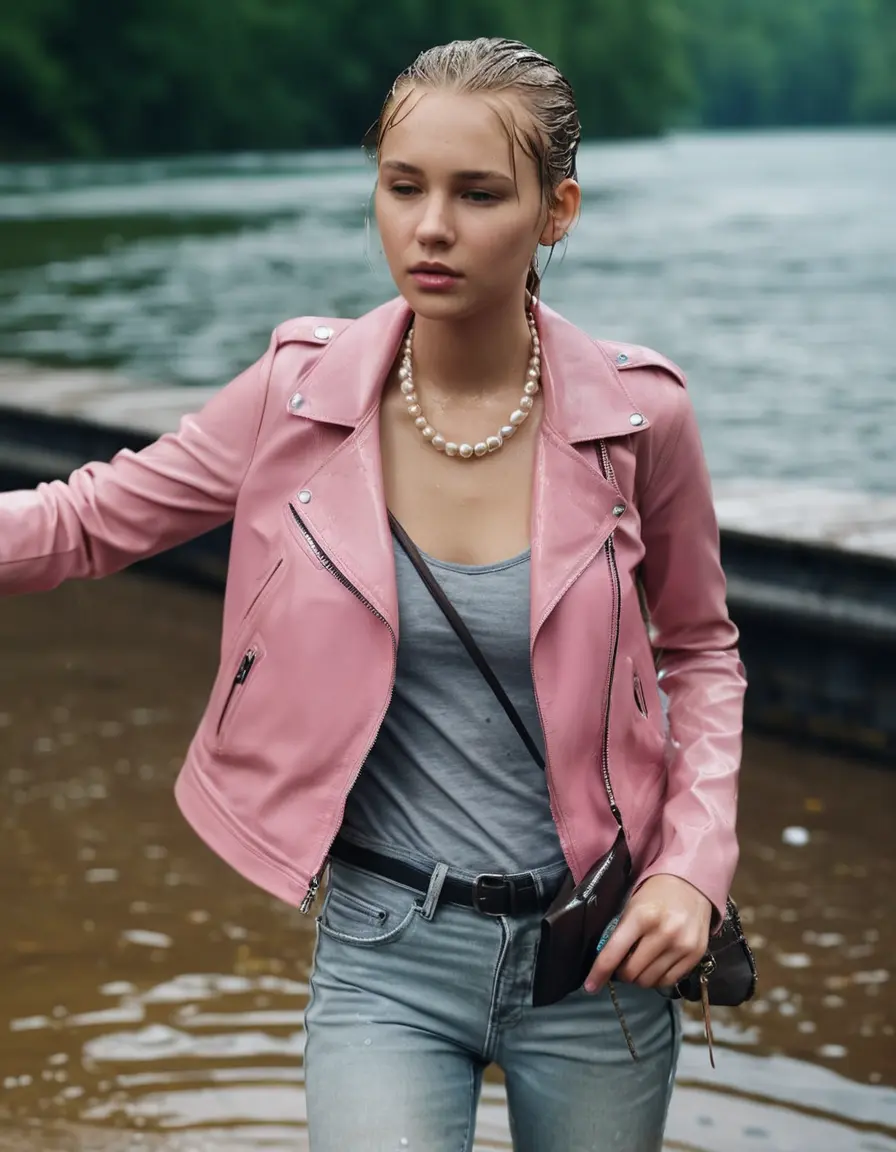 photo of young woman, in soaking wet, drenched clothes,
ankle boots, super skin tight white denim jeans, slim fit light pink biker leatherjacket,  tight sexy tshirt with wide necklace, handbag, pearl necklace, Fifteen years horny blonde teenage girl with her Friends holds her hand over her mouth and nose wrings out her wet clothes deep submerged into water for a picture near a dock, 
enjoying, wet clothes stuck to body,
detailed textures of the wet clothes, wet face, wet plastered hair,
wet, drenched, professional, high-quality details, full body view.
sharp focus, ultra-high pixel detail, realistic, high-quality, full colors, incredibly detailed, 4k, 8k, 16k, hyper-realistic, RAW photo, masterpiece, ultra-detailed, professionally color graded, professional photograph, Fifteen years old, completely soaked, completely dripping wet from head to toe, very wet clothes, sleek ponytail, worried and embarrassed facial expression, slight yawn, moaning,  all girls wear different styles of clothes, she takes her handbag with her into the water, a lot of people stands in the background, close-up, view from above, highly realistic representation, ultra sharp focus, highly photorealistic detailed facial features and expressions, highly photorealistic hands, highly best quality, highly sharp photorealistic image, highly photorealistic details, highest photorealistic wet clothes, full UHD resolution, highest photorealistic sharpness of the image, 32 K