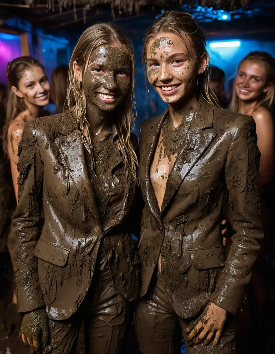 photo of young woman, in soaking wet, drenched clothes,
Muddy high heels, Long very muddy suit pants, Full muddy ruined fully-opened unbuttoned blazer like a fancy uniform over topless exposed small boobs., Dark muddy indoor disco club at night. Deep mud on the floor, mud splashed walls, dripping mud from above, very dark mood lighting with pink and blue neon lights from above. Muddy chairs and sofas in the background. , 
enjoying, wet clothes stuck to body,
detailed textures of the wet clothes, wet face, wet plastered hair,
wet, drenched, professional, high-quality details, full body view.
sharp focus, ultra-high pixel detail, realistic, high-quality, full colors, incredibly detailed, 4k, 8k, 16k, hyper-realistic, RAW photo, masterpiece, ultra-detailed, professionally color graded, professional photograph, Four very young-looking pretty cute innocent blonde teen 16 years old beautiful girls are standing together in deep muddy pool after a full dip in mud pool and holding a glass of champagne in their hands during the crazy muddy indoor crowded disco party at night and posing for a professional photo. Focus on the glass of champagne. They are proudly wearing their fully and heavily mud-covered unbuttoned and opened suits over their exposed muddy topless small boobs. Thick mud on their blazers and pants. Every small details of the clothes are muddy, muddy beautiful faces, muddy chests and boobs. Their blazer has the same colour as their muddy pants. There are small group of similar muddy clubbing teen girls in the near background. The classy elegant disco club is totally destroyed by mud, mud spots everywhere, mud flows down on the walls, mud on the furnitures in the background. Straight very long open wavy hairstyle, muddy hair, smiling and beautiful muddy faces, blue eyes, earrings, lipstick. The girls are enjoying to being total muddy in the muddy pool, being sexy, naughty while they are enjoying the muddy fetish party. Realistic muddy boobs and photorealistic detailed smiling facial expressions. Intimate close-up picture about the girls from side viewpoint. Close-up photo, highly realistic representation, ultra sharp focus, highly photorealistic detailed textures, highly photorealistic detailed facial features and expressions, highly photorealistic hands, highly emotional reactions, highly best quality, highly sharp photorealistic image, highly photorealistic details, full UHD resolution, 32 K, very high level of detail and image sharpness, zoomed in