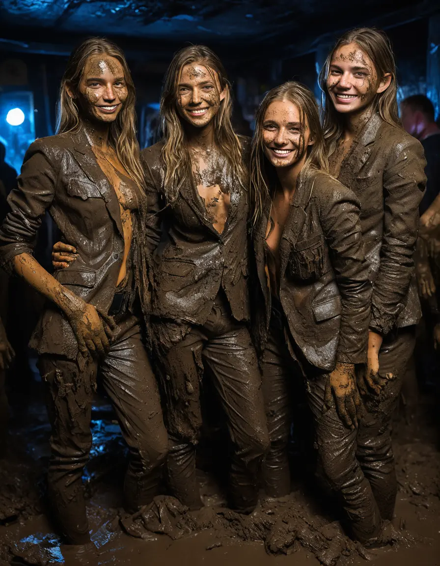 photo of young woman, in soaking wet, drenched clothes,
Muddy high heels, Long very muddy suit pants, Full muddy ruined fully-opened unbuttoned blazer like a fancy uniform over topless exposed small boobs., Dark muddy indoor disco club at night. Deep mud on the floor, mud splashed walls, dripping mud from above, very dark mood lighting with pink and blue neon lights from above. Muddy chairs and sofas in the background. , 
enjoying, wet clothes stuck to body,
detailed textures of the wet clothes, wet face, wet plastered hair,
wet, drenched, professional, high-quality details, full body view.
sharp focus, ultra-high pixel detail, realistic, high-quality, full colors, incredibly detailed, 4k, 8k, 16k, hyper-realistic, RAW photo, masterpiece, ultra-detailed, professionally color graded, professional photograph, Four very young-looking pretty cute innocent blonde teen 14 years old beautiful girls are standing together in deep muddy pool after a full dip in mud pool and holding a glass of champagne in their hands during the crazy muddy indoor crowded disco party at night and posing for a professional photo. They are proudly wearing their fully and heavily mud-covered unbuttoned and opened suits over their exposed muddy topless small boobs. Thick mud on their blazers and pants. Every small details of the clothes are muddy, muddy beautiful faces, muddy chests and boobs. Their blazer has the same colour as their muddy pants. There are small group of similar muddy clubbing teen girls in the near background. The classy elegant disco club is totally destroyed by mud, mud spots everywhere, mud flows down on the walls, mud on the furnitures in the background. Straight very long open wavy hairstyle, muddy hair, smiling and beautiful muddy faces, blue eyes, earrings, lipstick. The girls are enjoying to being total muddy in the muddy pool, being sexy, naughty while they are enjoying the muddy fetish party. Realistic muddy boobs and photorealistic detailed smiling facial expressions. Intimate close-up picture about the girls from side viewpoint. Close-up photo, highly realistic representation, ultra sharp focus, highly photorealistic detailed textures, highly photorealistic detailed facial features and expressions, highly photorealistic hands, highly emotional reactions, highly best quality, highly sharp photorealistic image, highly photorealistic details, full UHD resolution, 32 K, very high level of detail and image sharpness, zoomed in