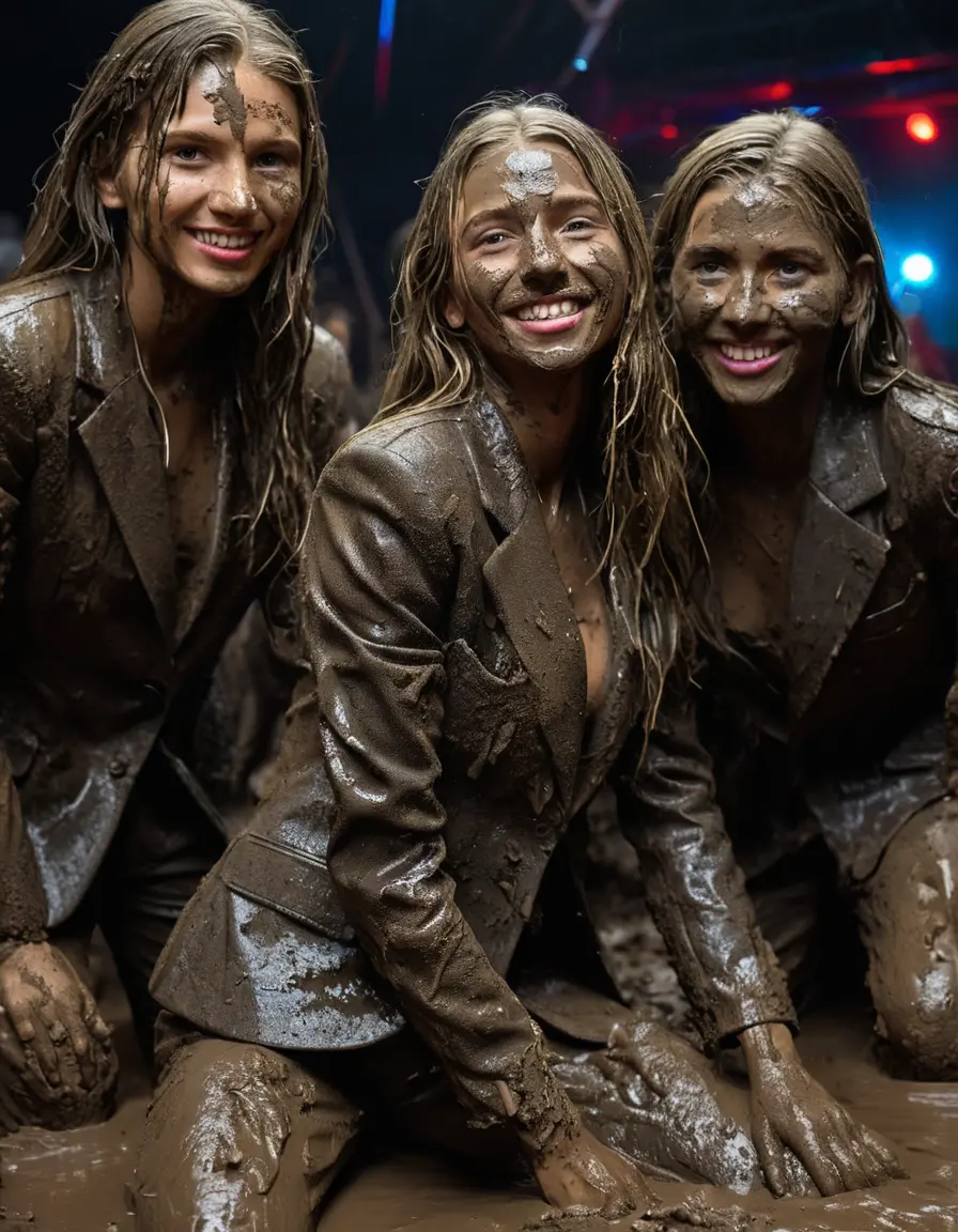 photo of young woman, in soaking wet, drenched clothes,
Muddy high heels, Long very muddy suit pants, Full muddy ruined fully-opened unbuttoned blazer like a fancy uniform over topless exposed small boobs., Dark muddy indoor disco club at night. Deep mud on the floor, mud splashed walls, dripping mud from above, very dark mood lighting with pink and blue neon lights from above. Muddy chairs and sofas in the background. , 
enjoying, wet clothes stuck to body,
detailed textures of the wet clothes, wet face, wet plastered hair,
wet, drenched, professional, high-quality details, full body view.
sharp focus, ultra-high pixel detail, realistic, high-quality, full colors, incredibly detailed, 4k, 8k, 16k, hyper-realistic, RAW photo, masterpiece, ultra-detailed, professionally color graded, professional photograph, Four very young-looking pretty cute innocent blonde teen 14 years old beautiful girls are wallowing together in the deep muddy pool after a full dip in mud pool and holding a glass of champagne in their hands during the crazy muddy indoor crowded disco party at night and posing for a professional photo. The girls are submerged on the pohoto till their chests and only their boobs, their chests and shoulders are above the mud level. They are proudly wearing their fully and heavily mud-covered unbuttoned and opened suits over their exposed muddy topless small boobs. Thick mud on their blazers and pants. Every small details of the clothes are muddy, muddy beautiful faces, muddy chests and boobs. Their blazer has the same colour as their muddy pants. There are small group of similar muddy clubbing teen girls in the near background. The classy elegant disco club is totally destroyed by mud, mud spots everywhere, mud flows down on the walls, mud on the furnitures in the background. Straight very long open wavy hairstyle, muddy hair, smiling and beautiful muddy faces, blue eyes, earrings, lipstick. The girls are enjoying to being total muddy in the muddy pool, being sexy, being horny, naughty while they are enjoying the muddy fetish party. Realistic muddy boobs and photorealistic detailed smiling facial expressions. Intimate close-up picture about the girls from side viewpoint. Close-up photo, highly realistic representation, ultra sharp focus, highly photorealistic detailed textures, highly photorealistic detailed facial features and expressions, highly photorealistic hands, highly emotional reactions, highly best quality, highly sharp photorealistic image, highly photorealistic details, full UHD resolution, 32 K, very high level of detail and image sharpness, zoomed in