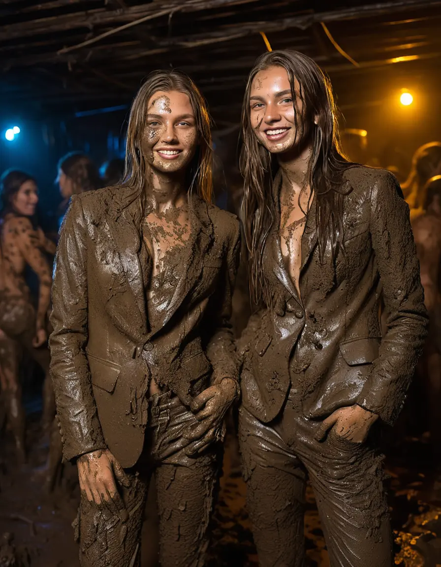 photo of young woman, in soaking wet, drenched clothes,
Muddy high heels, Long very muddy suit pants, Full muddy ruined fully-opened unbuttoned blazer like a fancy uniform over topless exposed small boobs., Dark muddy indoor disco club at night. Deep mud on the floor, mud splashed walls, dripping mud from above, very dark mood lighting with pink and blue neon lights from above. Muddy chairs and sofas in the background. , 
enjoying, wet clothes stuck to body,
detailed textures of the wet clothes, wet face, wet plastered hair,
wet, drenched, professional, high-quality details, full body view.
sharp focus, ultra-high pixel detail, realistic, high-quality, full colors, incredibly detailed, 4k, 8k, 16k, hyper-realistic, RAW photo, masterpiece, ultra-detailed, professionally color graded, professional photograph, Four very young-looking pretty cute innocent blonde teen 16 years old beautiful girls are standing together in deep muddy pool after a full dip in mud pool and holding a glass of champagne in their hands during the crazy muddy indoor crowded disco party at night and posing for a professional photo. Focus on the glass of champagne. They are proudly wearing their fully and heavily mud-covered unbuttoned and opened suits over their exposed muddy topless small boobs. Thick mud on their blazers and pants. Every small details of the clothes are muddy, muddy beautiful faces, muddy chests and boobs. Their blazer has the same colour as their muddy pants. There are small group of similar muddy clubbing teen girls in the near background. The classy elegant disco club is totally destroyed by mud, mud spots everywhere, mud flows down on the walls, mud on the furnitures in the background. Straight very long open wavy hairstyle, muddy hair, smiling and beautiful muddy faces, blue eyes, earrings, lipstick. The girls are enjoying to being total muddy in the muddy pool, being sexy, naughty while they are enjoying the muddy fetish party. Realistic muddy boobs and photorealistic detailed smiling facial expressions. Intimate close-up picture about the girls from side viewpoint. Close-up photo, highly realistic representation, ultra sharp focus, highly photorealistic detailed textures, highly photorealistic detailed facial features and expressions, highly photorealistic hands, highly emotional reactions, highly best quality, highly sharp photorealistic image, highly photorealistic details, full UHD resolution, 32 K, very high level of detail and image sharpness, zoomed in