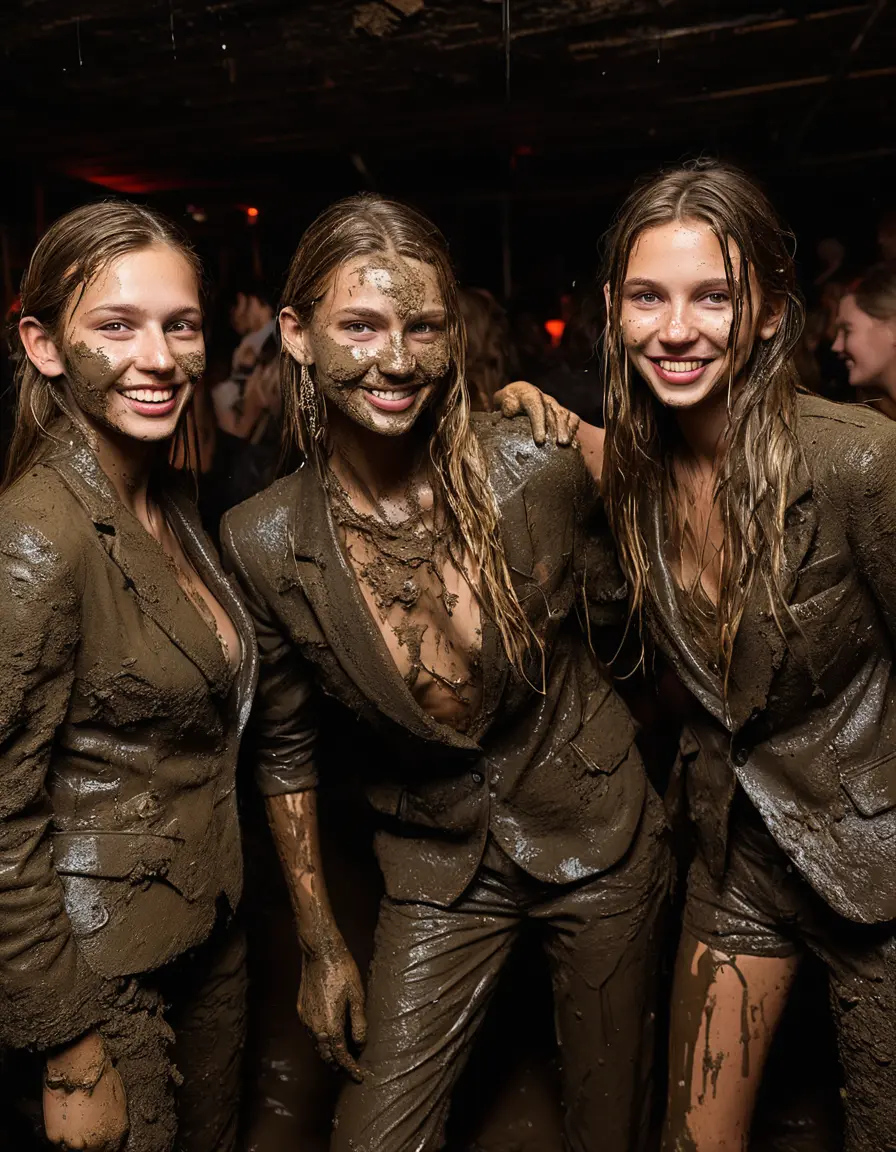 photo of young woman, in soaking wet, drenched clothes,
Muddy high heels, Long very muddy suit pants, Full muddy ruined fully-opened unbuttoned blazer like a fancy uniform over topless exposed small boobs., Dark muddy indoor disco club at night. Deep mud on the floor, mud splashed walls, dripping mud from above, very dark mood lighting with pink and blue neon lights from above. Muddy chairs and sofas in the background. , 
enjoying, wet clothes stuck to body,
detailed textures of the wet clothes, wet face, wet plastered hair,
wet, drenched, professional, high-quality details, full body view.
sharp focus, ultra-high pixel detail, realistic, high-quality, full colors, incredibly detailed, 4k, 8k, 16k, hyper-realistic, RAW photo, masterpiece, ultra-detailed, professionally color graded, professional photograph, Four very young-looking pretty cute innocent blonde teen 16 years old beautiful girls are standing together in deep muddy pool after a full dip in mud pool and holding a glass of champagne in their hands during the crazy muddy indoor crowded disco party at night and posing for a professional photo. They are proudly wearing their fully and heavily mud-covered unbuttoned and opened suits over their exposed muddy topless small boobs. Thick mud on their blazers and pants. Every small details of the clothes are muddy, muddy beautiful faces, muddy chests and boobs. Their blazer has the same colour as their muddy pants. There are small group of similar muddy clubbing teen girls in the near background. The classy elegant disco club is totally destroyed by mud, mud spots everywhere, mud flows down on the walls, mud on the furnitures in the background. Straight very long open wavy hairstyle, muddy hair, smiling and beautiful muddy faces, blue eyes, earrings, lipstick. The girls are enjoying to being total muddy in the muddy pool, being sexy, naughty while they are enjoying the muddy fetish party. Realistic muddy boobs and photorealistic detailed smiling facial expressions. Intimate close-up picture about the girls from side viewpoint. Close-up photo, highly realistic representation, ultra sharp focus, highly photorealistic detailed textures, highly photorealistic detailed facial features and expressions, highly photorealistic hands, highly emotional reactions, highly best quality, highly sharp photorealistic image, highly photorealistic details, full UHD resolution, 32 K, very high level of detail and image sharpness, zoomed in