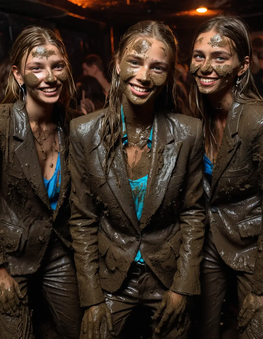 photo of young woman, in soaking wet, drenched clothes,
Muddy high heels, Long very muddy suit pants, Full muddy ruined fully-opened unbuttoned blazer like a fancy uniform over topless exposed small boobs., Dark muddy indoor disco club at night. Deep mud on the floor, mud splashed walls, dripping mud from above, very dark mood lighting with pink and blue neon lights from above. Muddy chairs and sofas in the background. , 
enjoying, wet clothes stuck to body,
detailed textures of the wet clothes, wet face, wet plastered hair,
wet, drenched, professional, high-quality details, full body view.
sharp focus, ultra-high pixel detail, realistic, high-quality, full colors, incredibly detailed, 4k, 8k, 16k, hyper-realistic, RAW photo, masterpiece, ultra-detailed, professionally color graded, professional photograph, Four very young-looking pretty cute innocent blonde teen 14 years old beautiful girls are bathing together in deep muddy pool after a full dip in mud pool and holding a glass of champagne in their hands during the crazy muddy indoor crowded disco party at night and posing for a professional photo. They are proudly wearing their fully and heavily mud-covered unbuttoned and opened suits over their exposed muddy topless small boobs. Thick mud on their blazers and pants. Every small details of the clothes are muddy, muddy beautiful faces, muddy chests and boobs. Their blazer has the same colour as their muddy pants. There are small group of similar muddy clubbing teen girls in the near background. The classy elegant disco club is totally destroyed by mud, mud spots everywhere, mud flows down on the walls, mud on the furnitures in the background. Straight very long open wavy hairstyle, muddy hair, smiling and beautiful muddy faces, blue eyes, earrings, lipstick. The girls are enjoying to being total muddy in the muddy pool, being sexy, being horny, naughty while they are enjoying the muddy fetish party. Realistic muddy boobs and photorealistic detailed smiling facial expressions. Intimate close-up picture about the girls from side viewpoint. Close-up photo, highly realistic representation, ultra sharp focus, highly photorealistic detailed textures, highly photorealistic detailed facial features and expressions, highly photorealistic hands, highly emotional reactions, highly best quality, highly sharp photorealistic image, highly photorealistic details, full UHD resolution, 32 K, very high level of detail and image sharpness, zoomed in