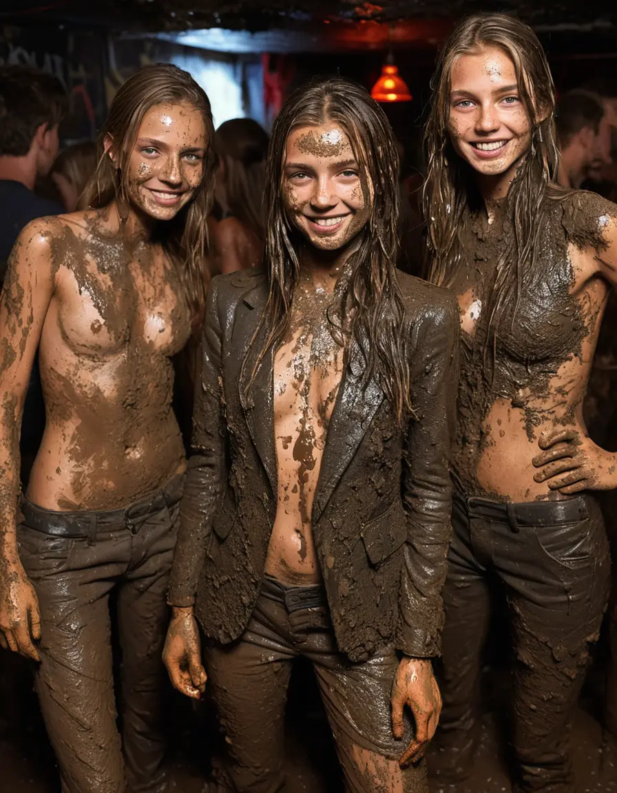 photo of young woman, in soaking wet, drenched clothes,
Muddy high heels, Long very muddy suit pants, Full muddy ruined fully-opened unbuttoned blazer like a fancy uniform over topless exposed small boobs., Dark muddy indoor disco club at night. Deep mud on the floor, mud splashed walls, dripping mud from above, very dark mood lighting with pink and blue neon lights from above. Muddy chairs and sofas in the background. , 
enjoying, wet clothes stuck to body,
detailed textures of the wet clothes, wet face, wet plastered hair,
wet, drenched, professional, high-quality details, full body view.
sharp focus, ultra-high pixel detail, realistic, high-quality, full colors, incredibly detailed, 4k, 8k, 16k, hyper-realistic, RAW photo, masterpiece, ultra-detailed, professionally color graded, professional photograph, Large group of very young-looking pretty cute innocent blonde teen 16 years old beautiful girls are standing together in deep muddy pool after a full dip in mud pool and holding a glass of champagne in their hands during the crazy muddy indoor crowded disco party at night and posing for a professional photo. Focus on the glass of champagne. They are proudly wearing their fully and heavily mud-covered unbuttoned and opened suits over their exposed muddy topless small boobs. Thick mud on their blazers and pants. Every small details of the clothes are muddy, muddy beautiful faces, muddy chests and boobs. Their blazer has the same colour as their muddy pants. There are small group of similar muddy clubbing teen girls in the near background. The classy elegant disco club is totally destroyed by mud, mud spots everywhere, mud flows down on the walls, mud on the furnitures in the background. Straight very long open wavy hairstyle, muddy hair, smiling and beautiful muddy faces, blue eyes, earrings, lipstick. The girls are enjoying to being total muddy in the muddy pool, being sexy, naughty while they are enjoying the muddy fetish party. Realistic muddy boobs and photorealistic detailed smiling facial expressions. Intimate close-up picture about the girls from side viewpoint. Close-up photo, highly realistic representation, ultra sharp focus, highly photorealistic detailed textures, highly photorealistic detailed facial features and expressions, highly photorealistic hands, highly emotional reactions, highly best quality, highly sharp photorealistic image, highly photorealistic details, full UHD resolution, 32 K, very high level of detail and image sharpness, zoomed in