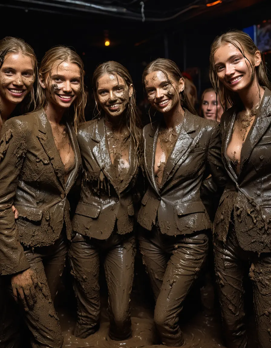 photo of young woman, in soaking wet, drenched clothes,
Muddy high heels, Long very muddy suit pants, Full muddy ruined fully-opened unbuttoned blazer like a fancy uniform over topless exposed small boobs., Dark muddy indoor disco club at night. Deep mud on the floor, mud splashed walls, dripping mud from above, very dark mood lighting with pink and blue neon lights from above. Muddy chairs and sofas in the background. , 
enjoying, wet clothes stuck to body,
detailed textures of the wet clothes, wet face, wet plastered hair,
wet, drenched, professional, high-quality details, full body view.
sharp focus, ultra-high pixel detail, realistic, high-quality, full colors, incredibly detailed, 4k, 8k, 16k, hyper-realistic, RAW photo, masterpiece, ultra-detailed, professionally color graded, professional photograph, Four very young-looking pretty cute innocent blonde teen 16 years old beautiful girls are standing together in deep muddy pool after a full dip in mud pool and holding a glass of champagne in their hands during the crazy muddy indoor crowded disco party at night and posing for a professional photo. They are proudly wearing their fully and heavily mud-covered unbuttoned and opened suits over their exposed muddy topless small boobs. Thick mud on their blazers and pants. Every small details of the clothes are muddy, muddy beautiful faces, muddy chests and boobs. Their blazer has the same colour as their muddy pants. There are small group of similar muddy clubbing teen girls in the near background. The classy elegant disco club is totally destroyed by mud, mud spots everywhere, mud flows down on the walls, mud on the furnitures in the background. Straight very long open wavy hairstyle, muddy hair, smiling and beautiful muddy faces, blue eyes, earrings, lipstick. The girls are enjoying to being total muddy in the muddy pool, being sexy, naughty while they are enjoying the muddy fetish party. Realistic muddy boobs and photorealistic detailed smiling facial expressions. Intimate close-up picture about the girls from side viewpoint. Close-up photo, highly realistic representation, ultra sharp focus, highly photorealistic detailed textures, highly photorealistic detailed facial features and expressions, highly photorealistic hands, highly emotional reactions, highly best quality, highly sharp photorealistic image, highly photorealistic details, full UHD resolution, 32 K, very high level of detail and image sharpness, zoomed in