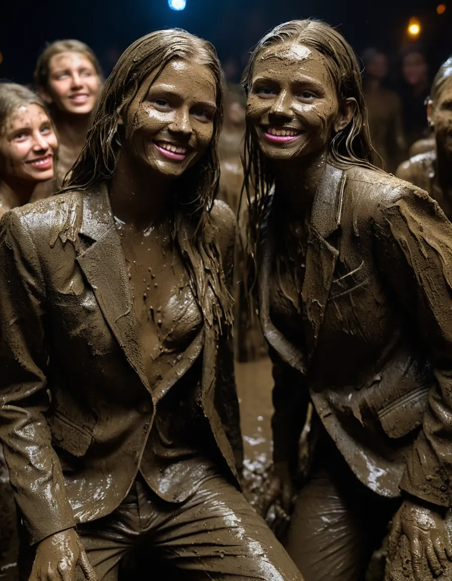photo of young woman, in soaking wet, drenched clothes,
Muddy high heels, Long very muddy suit pants, Full muddy ruined fully-opened unbuttoned blazer like a fancy uniform over topless exposed small boobs., Dark muddy indoor disco club at night. Deep mud on the floor, mud splashed walls, dripping mud from above, very dark mood lighting with pink and blue neon lights from above. Muddy chairs and sofas in the background. , 
enjoying, wet clothes stuck to body,
detailed textures of the wet clothes, wet face, wet plastered hair,
wet, drenched, professional, high-quality details, full body view.
sharp focus, ultra-high pixel detail, realistic, high-quality, full colors, incredibly detailed, 4k, 8k, 16k, hyper-realistic, RAW photo, masterpiece, ultra-detailed, professionally color graded, professional photograph, Four very young-looking pretty cute innocent blonde teen 16 years old beautiful girls are wallowing horizontally together in the deep muddy pool after a full dip in mud pool and holding a glass of champagne in their hands during the crazy muddy indoor crowded disco party at night and posing for a professional photo. The girls are submerged on the pohoto till their chests and only their boobs, their chests and shoulders are above the mud level. They are proudly wearing their fully and heavily mud-covered unbuttoned and opened suits over their exposed muddy topless small boobs. Thick mud on their blazers and pants. Every small details of the clothes are muddy, muddy beautiful faces, muddy chests and boobs. Their blazer has the same colour as their muddy pants. There are small group of similar muddy clubbing teen girls in the near background. The classy elegant disco club is totally destroyed by mud, mud spots everywhere, mud flows down on the walls, mud on the furnitures in the background. Straight very long open wavy hairstyle, muddy hair, smiling and beautiful muddy faces, blue eyes, earrings, lipstick. The girls are enjoying to being total muddy in the muddy pool, being sexy, being horny, naughty while they are enjoying the muddy fetish party. Realistic muddy boobs and photorealistic detailed smiling facial expressions. Intimate close-up picture about the girls from side viewpoint. Close-up photo, highly realistic representation, ultra sharp focus, highly photorealistic detailed textures, highly photorealistic detailed facial features and expressions, highly photorealistic hands, highly emotional reactions, highly best quality, highly sharp photorealistic image, highly photorealistic details, full UHD resolution, 32 K, very high level of detail and image sharpness, zoomed in