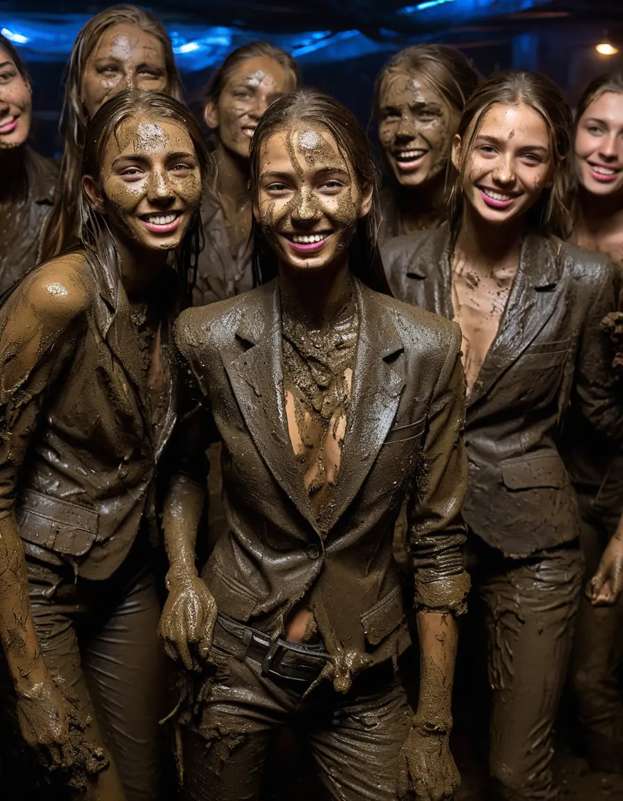 photo of young woman, in soaking wet, drenched clothes,
Muddy high heels, Long very muddy suit pants, Full muddy ruined fully-opened unbuttoned blazer like a fancy uniform over topless exposed small boobs., Dark muddy indoor disco club at night. Deep mud on the floor, mud splashed walls, dripping mud from above, very dark mood lighting with pink and blue neon lights from above. Muddy chairs and sofas in the background. , 
enjoying, wet clothes stuck to body,
detailed textures of the wet clothes, wet face, wet plastered hair,
wet, drenched, professional, high-quality details, full body view.
sharp focus, ultra-high pixel detail, realistic, high-quality, full colors, incredibly detailed, 4k, 8k, 16k, hyper-realistic, RAW photo, masterpiece, ultra-detailed, professionally color graded, professional photograph, Large group of very young-looking pretty cute innocent blonde teen 16 years old beautiful girls are standing together in deep muddy pool after a full dip in mud pool and holding a glass of champagne in their hands during the crazy muddy indoor crowded disco party at night and posing for a professional photo. They are proudly wearing their fully destroyed and heavily mud-covered unbuttoned and opened suits over their exposed muddy topless small boobs. Thick mud on their blazers and pants. Every small details of the clothes are muddy, muddy beautiful faces, muddy chests and boobs. Their blazer has the same colour as their muddy pants. There are small group of similar muddy clubbing teen girls in the near background. The classy elegant disco club is totally destroyed by mud, mud spots everywhere, mud flows down on the walls, mud on the furnitures in the background. Straight very long open wavy hairstyle, muddy hair, smiling and beautiful muddy faces, blue eyes, glasses, earrings, lipstick. The girls are enjoying to being total muddy in the muddy pool, being sexy, naughty while they are enjoying the muddy fetish party. Realistic muddy boobs and photorealistic detailed smiling facial expressions. Intimate close-up picture about the girls from side viewpoint. Close-up photo, highly realistic representation, ultra sharp focus, highly photorealistic detailed textures, highly photorealistic detailed facial features and expressions, highly photorealistic hands, highly emotional reactions, highly best quality, highly sharp photorealistic image, highly photorealistic details, full UHD resolution, 32 K, very high level of detail and image sharpness, zoomed in