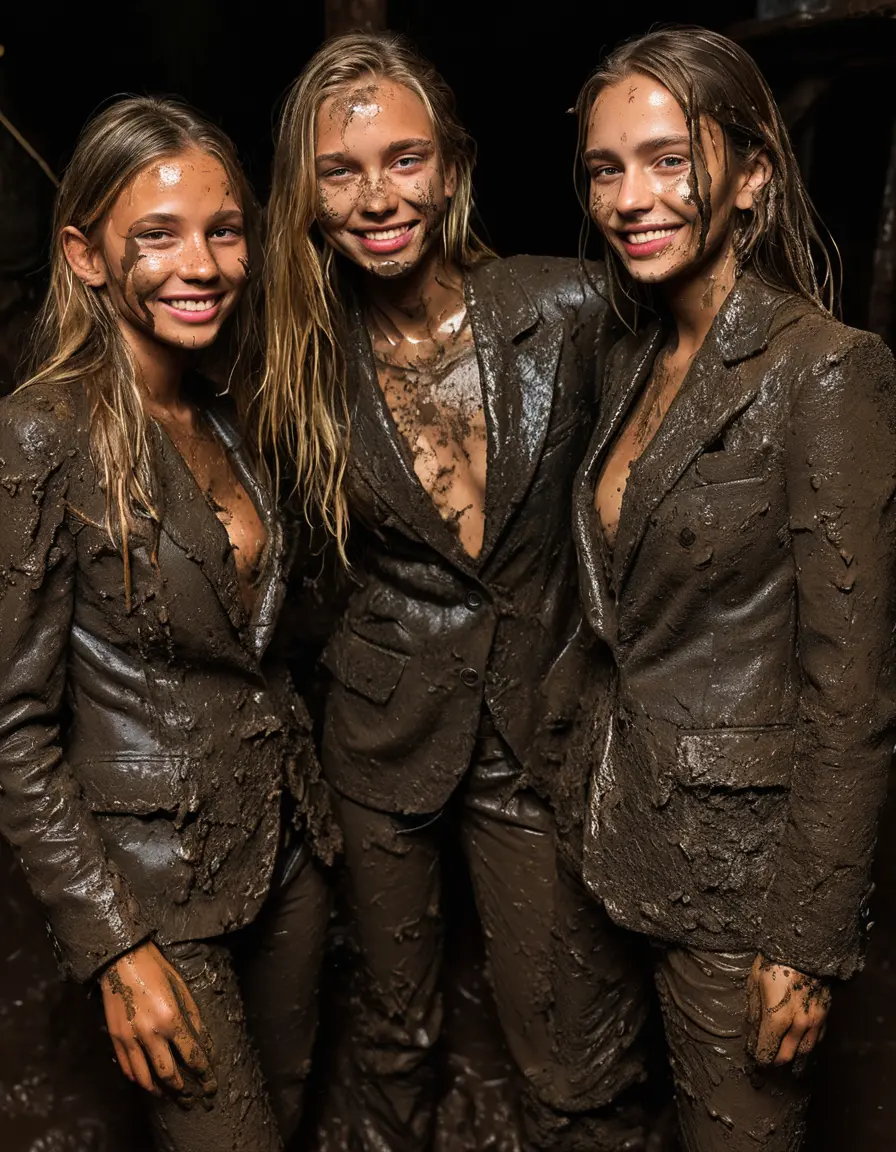 photo of young woman, in soaking wet, drenched clothes,
Muddy high heels, Long very muddy suit pants, Full muddy ruined fully-opened unbuttoned blazer like a fancy uniform over topless exposed small boobs., Dark muddy indoor disco club at night. Deep mud on the floor, mud splashed walls, dripping mud from above, very dark mood lighting with pink and blue neon lights from above. Muddy chairs and sofas in the background. , 
enjoying, wet clothes stuck to body,
detailed textures of the wet clothes, wet face, wet plastered hair,
wet, drenched, professional, high-quality details, full body view.
sharp focus, ultra-high pixel detail, realistic, high-quality, full colors, incredibly detailed, 4k, 8k, 16k, hyper-realistic, RAW photo, masterpiece, ultra-detailed, professionally color graded, professional photograph, Four very young-looking pretty cute innocent blonde teen 12 years old beautiful girls are standing together in deep muddy pool after a full dip in mud pool and holding a glass of champagne in their hands during the crazy muddy indoor crowded disco party at night and posing for a professional photo. Focus on the glass of champagne. They are proudly wearing their fully and heavily mud-covered unbuttoned and opened suits over their exposed muddy topless small boobs. Thick mud on their blazers and pants. Every small details of the clothes are muddy, muddy beautiful faces, muddy chests and boobs. Their blazer has the same colour as their muddy pants. There are small group of similar muddy clubbing teen girls in the near background. The classy elegant disco club is totally destroyed by mud, mud spots everywhere, mud flows down on the walls, mud on the furnitures in the background. Straight very long open wavy hairstyle, muddy hair, smiling and beautiful muddy faces, blue eyes, earrings, lipstick. The girls are enjoying to being total muddy in the muddy pool, being sexy, naughty while they are enjoying the muddy fetish party. Realistic muddy boobs and photorealistic detailed smiling facial expressions. Intimate close-up picture about the girls from side viewpoint. Close-up photo, highly realistic representation, ultra sharp focus, highly photorealistic detailed textures, highly photorealistic detailed facial features and expressions, highly photorealistic hands, highly emotional reactions, highly best quality, highly sharp photorealistic image, highly photorealistic details, full UHD resolution, 32 K, very high level of detail and image sharpness, zoomed in