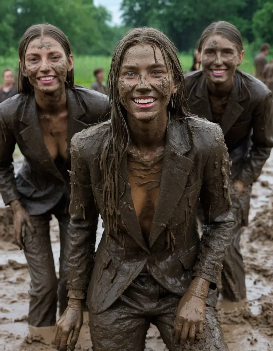 photo of young woman, in soaking wet, drenched clothes,
Muddy high heels, Long very muddy suit pants, Full muddy ruined fully-opened unbuttoned blazer like a fancy uniform over topless exposed small boobs., Dark muddy indoor disco club at night. Deep mud on the floor, mud splashed walls, dripping mud from above, very dark mood lighting with pink and blue neon lights from above. Muddy chairs and sofas in the background. , 
enjoying, wet clothes stuck to body,
detailed textures of the wet clothes, wet face, wet plastered hair,
wet, drenched, professional, high-quality details, full body view.
sharp focus, ultra-high pixel detail, realistic, high-quality, full colors, incredibly detailed, 4k, 8k, 16k, hyper-realistic, RAW photo, masterpiece, ultra-detailed, professionally color graded, professional photograph, Four very young-looking pretty cute innocent blonde teen 16 years old beautiful girls are wallowing horizontally together in the deep muddy pool after a full dip in mud pool and holding a glass of champagne in their hands during the crazy muddy indoor crowded disco party at night and posing for a professional photo. The girls are submerged on the pohoto till their chests and only their boobs, their chests and shoulders are above the mud level. They are proudly wearing their fully and heavily mud-covered unbuttoned and opened suits over their exposed muddy topless small boobs. Thick mud on their blazers and pants. Every small details of the clothes are muddy, muddy beautiful faces, muddy chests and boobs. Their blazer has the same colour as their muddy pants. There are small group of similar muddy clubbing teen girls in the near background. The classy elegant disco club is totally destroyed by mud, mud spots everywhere, mud flows down on the walls, mud on the furnitures in the background. Straight very long open wavy hairstyle, muddy hair, smiling and beautiful muddy faces, blue eyes, earrings, lipstick. The girls are enjoying to being total muddy in the muddy pool, being sexy, being horny, naughty while they are enjoying the muddy fetish party. Realistic muddy boobs and photorealistic detailed smiling facial expressions. Intimate close-up picture about the girls from side viewpoint. Close-up photo, highly realistic representation, ultra sharp focus, highly photorealistic detailed textures, highly photorealistic detailed facial features and expressions, highly photorealistic hands, highly emotional reactions, highly best quality, highly sharp photorealistic image, highly photorealistic details, full UHD resolution, 32 K, very high level of detail and image sharpness, zoomed in