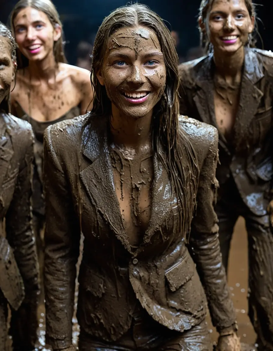 photo of young woman, in soaking wet, drenched clothes,
Muddy high heels, Long very muddy suit pants, Full muddy ruined fully-opened unbuttoned blazer like a fancy uniform over topless exposed small boobs., Dark muddy indoor disco club at night. Deep mud on the floor, mud splashed walls, dripping mud from above, very dark mood lighting with pink and blue neon lights from above. Muddy chairs and sofas in the background. , 
enjoying, wet clothes stuck to body,
detailed textures of the wet clothes, wet face, wet plastered hair,
wet, drenched, professional, high-quality details, full body view.
sharp focus, ultra-high pixel detail, realistic, high-quality, full colors, incredibly detailed, 4k, 8k, 16k, hyper-realistic, RAW photo, masterpiece, ultra-detailed, professionally color graded, professional photograph, Four very young-looking pretty cute innocent blonde teen 14 years old beautiful girls are fighting softly together in the deep muddy pool after a full dip in mud pool and holding a glass of champagne in their hands during the crazy muddy indoor crowded disco party at night and posing for a professional photo. The girls are submerged on the pohoto till their chests and only their boobs, their chests and shoulders are above the mud level. They are proudly wearing their fully and heavily mud-covered unbuttoned and opened suits over their exposed muddy topless small boobs. Thick mud on their blazers and pants. Every small details of the clothes are muddy, muddy beautiful faces, muddy chests and boobs. Their blazer has the same colour as their muddy pants. There are small group of similar muddy clubbing teen girls in the near background. The classy elegant disco club is totally destroyed by mud, mud spots everywhere, mud flows down on the walls, mud on the furnitures in the background. Straight very long open wavy hairstyle, muddy hair, smiling and beautiful muddy faces, blue eyes, earrings, lipstick. The girls are enjoying to being total muddy in the muddy pool, being sexy, being horny, naughty while they are enjoying the muddy fetish party. Realistic muddy boobs and photorealistic detailed smiling facial expressions. Intimate close-up picture about the girls from side viewpoint. Close-up photo, highly realistic representation, ultra sharp focus, highly photorealistic detailed textures, highly photorealistic detailed facial features and expressions, highly photorealistic hands, highly emotional reactions, highly best quality, highly sharp photorealistic image, highly photorealistic details, full UHD resolution, 32 K, very high level of detail and image sharpness, zoomed in