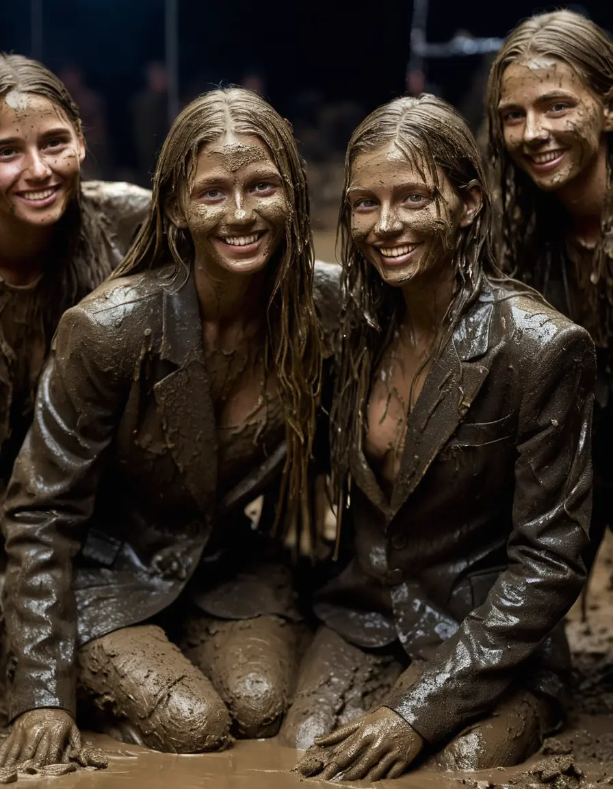 photo of young woman, in soaking wet, drenched clothes,
Muddy high heels, Long very muddy suit pants, Full muddy ruined fully-opened unbuttoned blazer like a fancy uniform over topless exposed small boobs., Dark muddy indoor disco club at night. Deep mud on the floor, mud splashed walls, dripping mud from above, very dark mood lighting with pink and blue neon lights from above. Muddy chairs and sofas in the background. , 
enjoying, wet clothes stuck to body,
detailed textures of the wet clothes, wet face, wet plastered hair,
wet, drenched, professional, high-quality details, full body view.
sharp focus, ultra-high pixel detail, realistic, high-quality, full colors, incredibly detailed, 4k, 8k, 16k, hyper-realistic, RAW photo, masterpiece, ultra-detailed, professionally color graded, professional photograph, Four very young-looking pretty cute innocent blonde teen 14 years old beautiful girls are bathing together submerged in deep muddy pool after a full dip in mud pool and holding a glass of champagne in their hands during the crazy muddy indoor crowded disco party at night and posing for a professional photo. The girls are submerged on the pohoto till their chests and only their boobs, their chests and shoulders are above the mud level. They are proudly wearing their fully and heavily mud-covered unbuttoned and opened suits over their exposed muddy topless small boobs. Thick mud on their blazers and pants. Every small details of the clothes are muddy, muddy beautiful faces, muddy chests and boobs. Their blazer has the same colour as their muddy pants. There are small group of similar muddy clubbing teen girls in the near background. The classy elegant disco club is totally destroyed by mud, mud spots everywhere, mud flows down on the walls, mud on the furnitures in the background. Straight very long open wavy hairstyle, muddy hair, smiling and beautiful muddy faces, blue eyes, earrings, lipstick. The girls are enjoying to being total muddy in the muddy pool, being sexy, being horny, naughty while they are enjoying the muddy fetish party. Realistic muddy boobs and photorealistic detailed smiling facial expressions. Intimate close-up picture about the girls from side viewpoint. Close-up photo, highly realistic representation, ultra sharp focus, highly photorealistic detailed textures, highly photorealistic detailed facial features and expressions, highly photorealistic hands, highly emotional reactions, highly best quality, highly sharp photorealistic image, highly photorealistic details, full UHD resolution, 32 K, very high level of detail and image sharpness, zoomed in