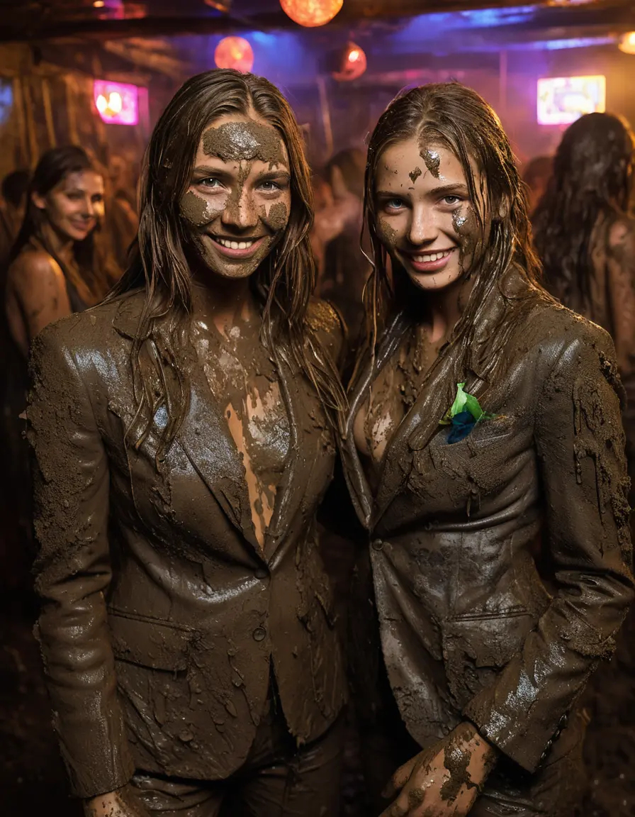 photo of young woman, in soaking wet, drenched clothes,
Muddy high heels, Long very muddy suit pants, Full muddy ruined fully-opened unbuttoned blazer like a fancy uniform over topless exposed small boobs., Dark muddy indoor disco club at night. Deep mud on the floor, mud splashed walls, dripping mud from above, very dark mood lighting with pink and blue neon lights from above. Muddy chairs and sofas in the background. , 
enjoying, wet clothes stuck to body,
detailed textures of the wet clothes, wet face, wet plastered hair,
wet, drenched, professional, high-quality details, full body view.
sharp focus, ultra-high pixel detail, realistic, high-quality, full colors, incredibly detailed, 4k, 8k, 16k, hyper-realistic, RAW photo, masterpiece, ultra-detailed, professionally color graded, professional photograph, Four very young-looking pretty cute innocent blonde teen 14 years old beautiful girls are standing together in deep muddy pool after a full dip in mud pool and holding a glass of champagne in their hands during the crazy muddy indoor crowded disco party at night and posing for a professional photo. Focus on the glass of champagne. They are proudly wearing their fully and heavily mud-covered unbuttoned and opened suits over their exposed muddy topless small boobs. Thick mud on their blazers and pants. Every small details of the clothes are muddy, muddy beautiful faces, muddy chests and boobs. Their blazer has the same colour as their muddy pants. There are small group of similar muddy clubbing teen girls in the near background. The classy elegant disco club is totally destroyed by mud, mud spots everywhere, mud flows down on the walls, mud on the furnitures in the background. Straight very long open wavy hairstyle, muddy hair, smiling and beautiful muddy faces, blue eyes, earrings, lipstick. The girls are enjoying to being total muddy in the muddy pool, being sexy, naughty while they are enjoying the muddy fetish party. Realistic muddy boobs and photorealistic detailed smiling facial expressions. Intimate close-up picture about the girls from side viewpoint. Close-up photo, highly realistic representation, ultra sharp focus, highly photorealistic detailed textures, highly photorealistic detailed facial features and expressions, highly photorealistic hands, highly emotional reactions, highly best quality, highly sharp photorealistic image, highly photorealistic details, full UHD resolution, 32 K, very high level of detail and image sharpness, zoomed in