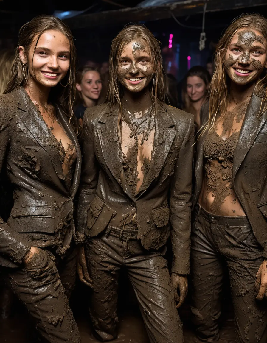 photo of young woman, in soaking wet, drenched clothes,
Muddy high heels, Long very muddy suit pants, Full muddy ruined fully-opened unbuttoned blazer like a fancy uniform over topless exposed small boobs., Dark muddy indoor disco club at night. Deep mud on the floor, mud splashed walls, dripping mud from above, very dark mood lighting with pink and blue neon lights from above. Muddy chairs and sofas in the background. , 
enjoying, wet clothes stuck to body,
detailed textures of the wet clothes, wet face, wet plastered hair,
wet, drenched, professional, high-quality details, full body view.
sharp focus, ultra-high pixel detail, realistic, high-quality, full colors, incredibly detailed, 4k, 8k, 16k, hyper-realistic, RAW photo, masterpiece, ultra-detailed, professionally color graded, professional photograph, Four very young-looking pretty cute innocent blonde teen 14 years old beautiful girls are standing together in deep muddy pool after a full dip in mud pool and holding a glass of champagne in their hands during the crazy muddy indoor crowded disco party at night and posing for a professional photo. They are proudly wearing their fully and heavily mud-covered unbuttoned and opened suits over their exposed muddy topless small boobs. Thick mud on their blazers and pants. Every small details of the clothes are muddy, muddy beautiful faces, muddy chests and boobs. Their blazer has the same colour as their muddy pants. There are small group of similar muddy clubbing teen girls in the near background. The classy elegant disco club is totally destroyed by mud, mud spots everywhere, mud flows down on the walls, mud on the furnitures in the background. Straight very long open wavy hairstyle, muddy hair, smiling and beautiful muddy faces, blue eyes, earrings, lipstick. The girls are enjoying to being total muddy in the muddy pool, being sexy, naughty while they are enjoying the muddy fetish party. Realistic muddy boobs and photorealistic detailed smiling facial expressions. Intimate close-up picture about the girls from side viewpoint. Close-up photo, highly realistic representation, ultra sharp focus, highly photorealistic detailed textures, highly photorealistic detailed facial features and expressions, highly photorealistic hands, highly emotional reactions, highly best quality, highly sharp photorealistic image, highly photorealistic details, full UHD resolution, 32 K, very high level of detail and image sharpness, zoomed in