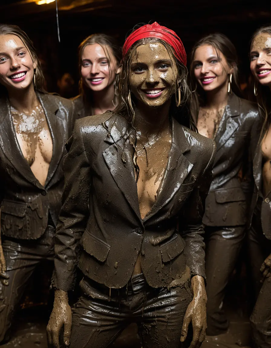 photo of young woman, in soaking wet, drenched clothes,
Muddy high heels, Long very muddy suit pants, Full muddy ruined fully-opened unbuttoned blazer like a fancy uniform over topless exposed small boobs., Dark muddy indoor disco club at night. Deep mud on the floor, mud splashed walls, dripping mud from above, very dark mood lighting with pink and blue neon lights from above. Muddy chairs and sofas in the background. , 
enjoying, wet clothes stuck to body,
detailed textures of the wet clothes, wet face, wet plastered hair,
wet, drenched, professional, high-quality details, full body view.
sharp focus, ultra-high pixel detail, realistic, high-quality, full colors, incredibly detailed, 4k, 8k, 16k, hyper-realistic, RAW photo, masterpiece, ultra-detailed, professionally color graded, professional photograph, Four very young-looking pretty cute innocent blonde teen 16 years old beautiful girls are lying prone and wallowing together in the deep muddy pool after a full dip in mud pool and holding a glass of champagne in their hands during the crazy muddy indoor crowded disco party at night and posing for a professional photo. The girls are submerged on the pohoto till their chests and only their boobs, their chests and shoulders are above the mud level. They are proudly wearing their fully and heavily mud-covered unbuttoned and opened suits over their exposed muddy topless small boobs. Thick mud on their blazers and pants. Every small details of the clothes are muddy, muddy beautiful faces, muddy chests and boobs. Their blazer has the same colour as their muddy pants. There are small group of similar muddy clubbing teen girls in the near background. The classy elegant disco club is totally destroyed by mud, mud spots everywhere, mud flows down on the walls, mud on the furnitures in the background. Straight very long open wavy hairstyle, muddy hair, smiling and beautiful muddy faces, blue eyes, earrings, lipstick. The girls are enjoying to being total muddy in the muddy pool, being sexy, being horny, naughty while they are enjoying the muddy fetish party. Realistic muddy boobs and photorealistic detailed smiling facial expressions. Intimate close-up picture about the girls from side viewpoint. Close-up photo, highly realistic representation, ultra sharp focus, highly photorealistic detailed textures, highly photorealistic detailed facial features and expressions, highly photorealistic hands, highly emotional reactions, highly best quality, highly sharp photorealistic image, highly photorealistic details, full UHD resolution, 32 K, very high level of detail and image sharpness, zoomed in