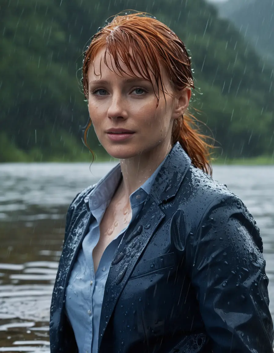 photo of young woman, in soaking wet, drenched clothes,
Dark Blue Business Trouser, Dark Blue Business Suit Jacket with Light Blue button down long sleeve business Shirt, Clear deep Mountain Lake, heavy rain, 
enjoying, wet clothes stuck to body,
detailed textures of the wet clothes, wet face, wet plastered hair,
wet, drenched, professional, high-quality details, full body view.
sharp focus, ultra-high pixel detail, realistic, high-quality, full colors, incredibly detailed, 4k, 8k, 16k, hyper-realistic, RAW photo, masterpiece, ultra-detailed, professionally color graded, professional photograph, bryce dallas howard, completely soaked, fully drenched, completely wet, wetlook, heavy rain, she smiles, side parting, open hair, rain storm, heavy rain, she swimms in water