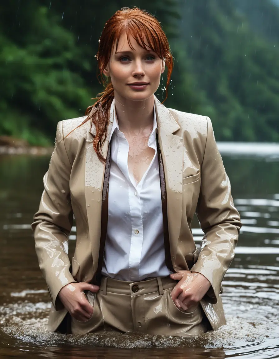 photo of young woman, in soaking wet, drenched clothes,
Beige Business Trouser, Beige Business Suit Jacket with white button down long sleeve business Shirt, Clear deep Mountain Lake, heavy rain, 
enjoying, wet clothes stuck to body,
detailed textures of the wet clothes, wet face, wet plastered hair,
wet, drenched, professional, high-quality details, full body view.
sharp focus, ultra-high pixel detail, realistic, high-quality, full colors, incredibly detailed, 4k, 8k, 16k, hyper-realistic, RAW photo, masterpiece, ultra-detailed, professionally color graded, professional photograph, bryce dallas howard, completely soaked, fully drenched, completely wet, wetlook, heavy rain, emerging,  she smiles, side parting, open hair, rain storm, heavy rain