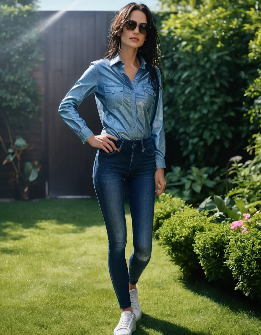 photo of young woman, in soaking wet, drenched clothes,
sneaker, long blue tight wet glistening high-waisted jeans, blue jeans shirt with long sleeves, under shower in the garden, sunny day, 
enjoying, wet clothes stuck to body,
detailed textures of the wet clothes, wet face, wet plastered hair,
wet, drenched, professional, high-quality details, full body view.
sharp focus, ultra-high pixel detail, realistic, high-quality, full colors, incredibly detailed, 4k, 8k, 16k, hyper-realistic, RAW photo, masterpiece, ultra-detailed, professionally color graded, professional photograph, woman 51 years old, black long hair, complete body, office sun light glasses