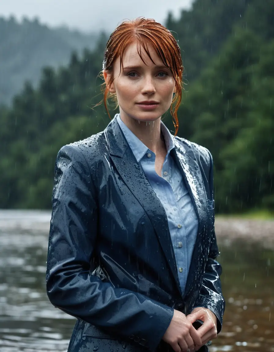photo of young woman, in soaking wet, drenched clothes,
Dark Blue Business Trouser, Dark Blue Business Suit Jacket with Light Blue button down long sleeve business Shirt, Clear deep Mountain Lake, heavy rain, 
enjoying, wet clothes stuck to body,
detailed textures of the wet clothes, wet face, wet plastered hair,
wet, drenched, professional, high-quality details, full body view.
sharp focus, ultra-high pixel detail, realistic, high-quality, full colors, incredibly detailed, 4k, 8k, 16k, hyper-realistic, RAW photo, masterpiece, ultra-detailed, professionally color graded, professional photograph, bryce dallas howard, completely soaked, fully drenched, completely wet, wetlook, heavy rain, she smiles, side parting, open hair, rain storm, heavy rain
