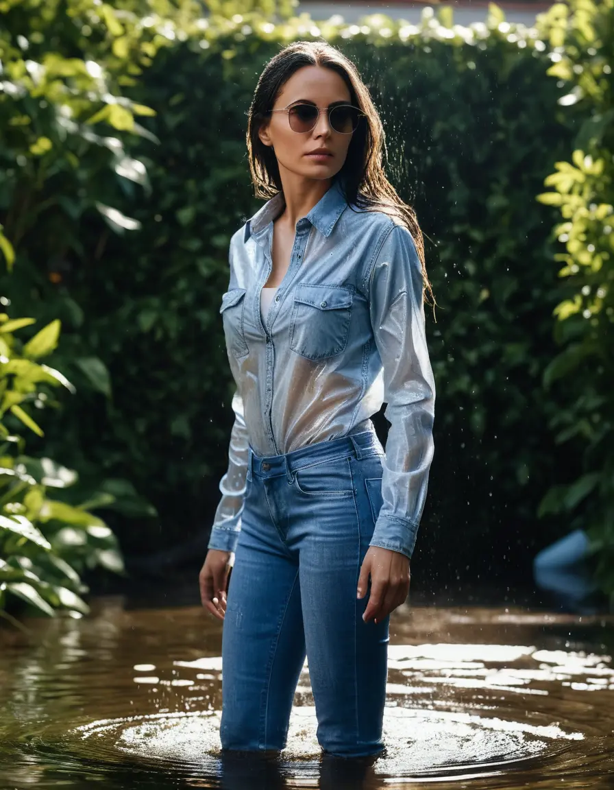 photo of young woman, in soaking wet, drenched clothes,
sneaker, white tight wet glistening high-waisted jeans, blue jeans shirt with long sleeves, under shower in the flooded garden, sunny day, 
enjoying, wet clothes stuck to body,
detailed textures of the wet clothes, wet face, wet plastered hair,
wet, drenched, professional, high-quality details, full body view.
sharp focus, ultra-high pixel detail, realistic, high-quality, full colors, incredibly detailed, 4k, 8k, 16k, hyper-realistic, RAW photo, masterpiece, ultra-detailed, professionally color graded, professional photograph, woman 51 years old, black long hair, complete body, office sun light glasses