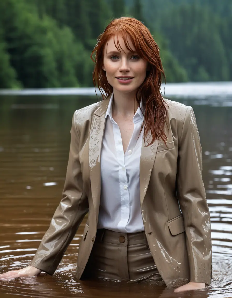 photo of young woman, in soaking wet, drenched clothes,
Beige Business Trouser, Beige Business Suit Jacket with white button down long sleeve business Shirt, Clear deep Mountain Lake, heavy rain, 
enjoying, wet clothes stuck to body,
detailed textures of the wet clothes, wet face, wet plastered hair,
wet, drenched, professional, high-quality details, full body view.
sharp focus, ultra-high pixel detail, realistic, high-quality, full colors, incredibly detailed, 4k, 8k, 16k, hyper-realistic, RAW photo, masterpiece, ultra-detailed, professionally color graded, professional photograph, bryce dallas howard, completely soaked, fully drenched, completely wet, wetlook, heavy rain, emerging,  she smiles, side parting, open hair, rain storm, heavy rain