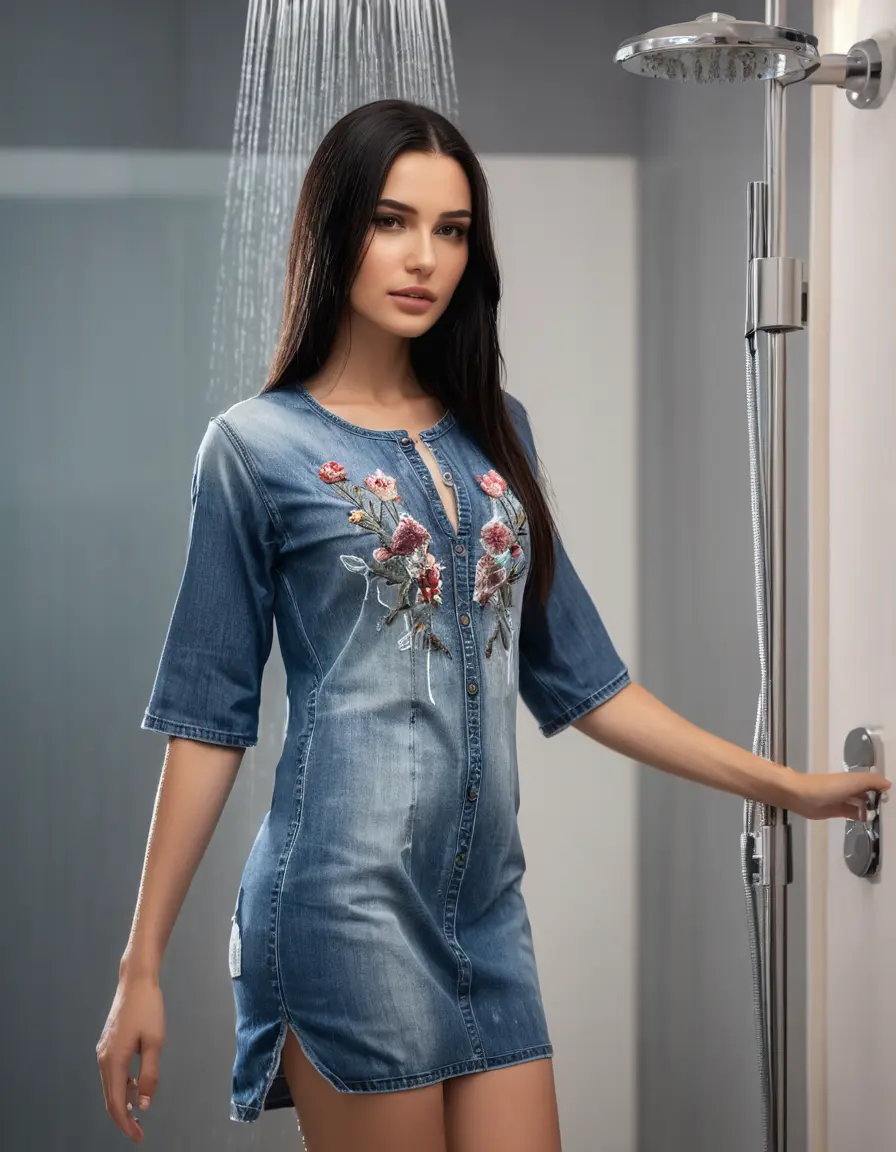 photo of young woman, in soaking wet, drenched clothes,
Very High heels, Jeans shorts , Skin tight Cotton round neck very long kurti with embroidery designs, half sleeve, transparent , ,Women carrying at shower in luxury bathroom with ambient and mood lights,super close up, 
enjoying, wet clothes stuck to body,
detailed textures of the wet clothes, wet face, wet plastered hair,
wet, drenched, professional, high-quality details, full body view.
sharp focus, ultra-high pixel detail, realistic, high-quality, full colors, incredibly detailed, 4k, 8k, 16k, hyper-realistic, RAW photo, masterpiece, ultra-detailed, professionally color graded, professional photograph,  Stylish Straight open hairstyle , fully dark  , black straight hair , huge thick ass, clevage , thin chain on neck, no hair part, wearing a luxury wrist watch , 5feet tall
