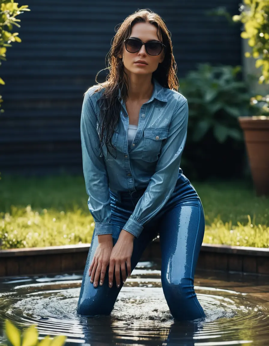 photo of young woman, in soaking wet, drenched clothes,
sneaker, long blue tight wet glistening high-waisted jeans, blue jeans shirt with long sleeves, under shower in the flooded garden, sunny day, 
enjoying, wet clothes stuck to body,
detailed textures of the wet clothes, wet face, wet plastered hair,
wet, drenched, professional, high-quality details, full body view.
sharp focus, ultra-high pixel detail, realistic, high-quality, full colors, incredibly detailed, 4k, 8k, 16k, hyper-realistic, RAW photo, masterpiece, ultra-detailed, professionally color graded, professional photograph, woman 51 years old, black long hair, complete body, office sun light glasses