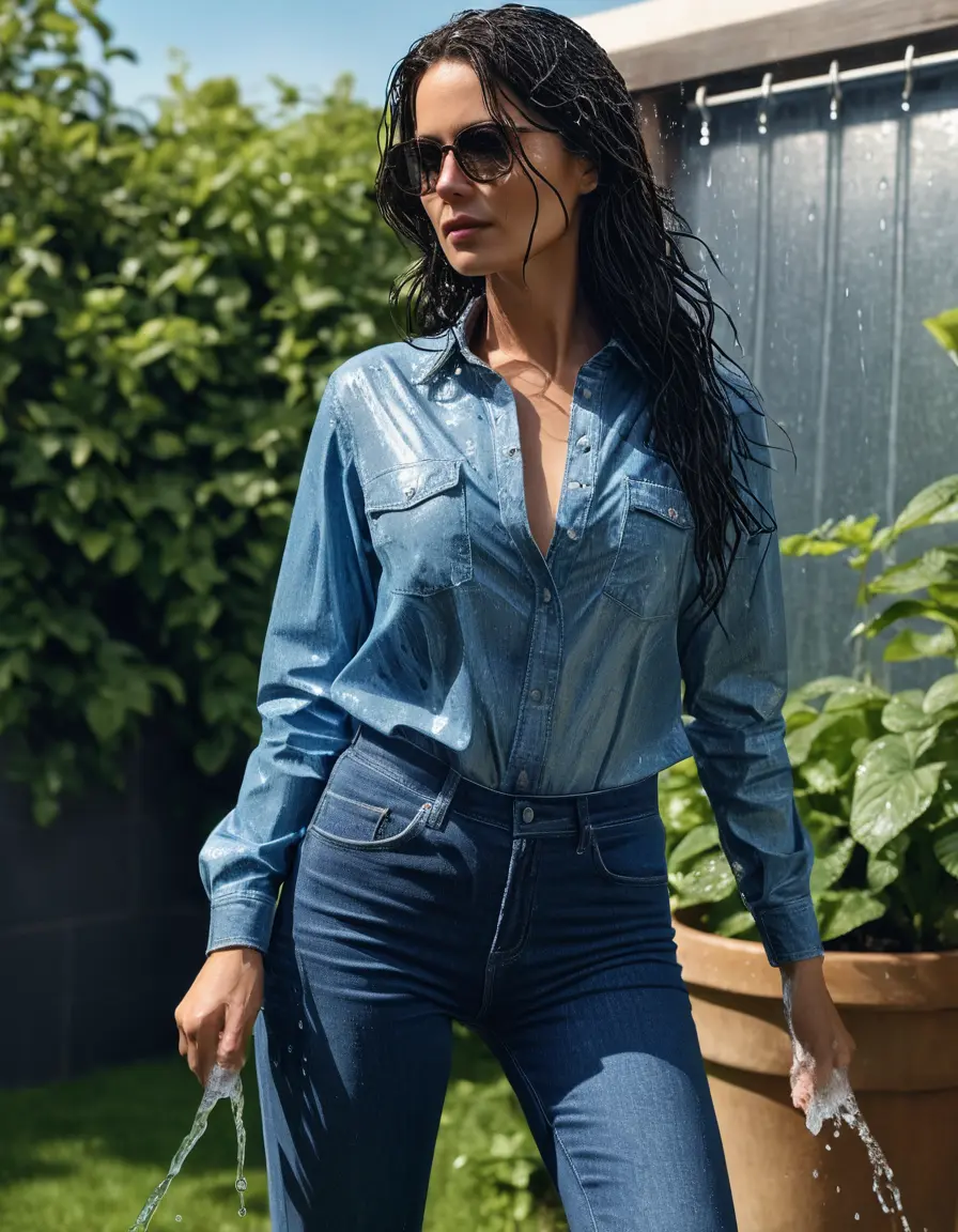 photo of young woman, in soaking wet, drenched clothes,
sneaker, long blue tight wet glistening high-waisted jeans, blue jeans shirt with long sleeves, under shower in the garden, sunny day, 
enjoying, wet clothes stuck to body,
detailed textures of the wet clothes, wet face, wet plastered hair,
wet, drenched, professional, high-quality details, full body view.
sharp focus, ultra-high pixel detail, realistic, high-quality, full colors, incredibly detailed, 4k, 8k, 16k, hyper-realistic, RAW photo, masterpiece, ultra-detailed, professionally color graded, professional photograph, woman 51 years old, black long hair, complete body, office sun light glasses