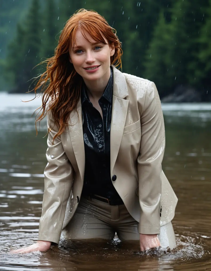 photo of young woman, in soaking wet, drenched clothes,
Beige Business Trouser, Beige Business Suit Jacket with Black button down long sleeve business Shirt, Clear deep Mountain Lake, heavy rain, 
enjoying, wet clothes stuck to body,
detailed textures of the wet clothes, wet face, wet plastered hair,
wet, drenched, professional, high-quality details, full body view.
sharp focus, ultra-high pixel detail, realistic, high-quality, full colors, incredibly detailed, 4k, 8k, 16k, hyper-realistic, RAW photo, masterpiece, ultra-detailed, professionally color graded, professional photograph, bryce dallas howard, completely soaked, fully drenched, completely wet, wetlook, heavy rain, emerging,  she smiles, side parting, open hair, rain storm, heavy rain