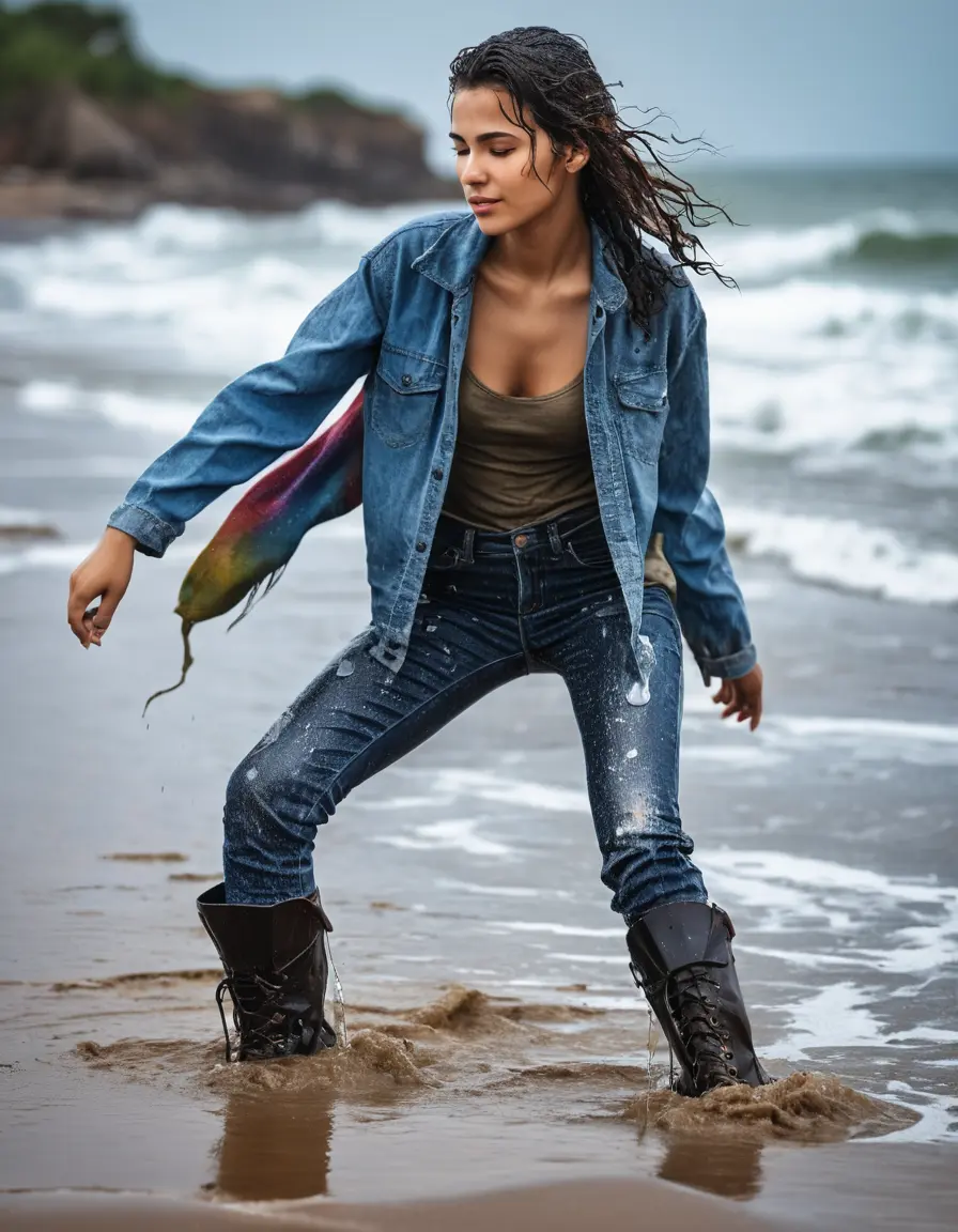photo of young woman, in soaking wet, drenched clothes,
Stiletto boots, Jeans, Jeans, beach, 
enjoying, wet clothes stuck to body,
detailed textures of the wet clothes, wet face, wet plastered hair,
wet, drenched, professional, high-quality details, full body view.
sharp focus, ultra-high pixel detail, realistic, high-quality, full colors, incredibly detailed, 4k, 8k, 16k, hyper-realistic, RAW photo, masterpiece, ultra-detailed, professionally color graded, professional photograph
