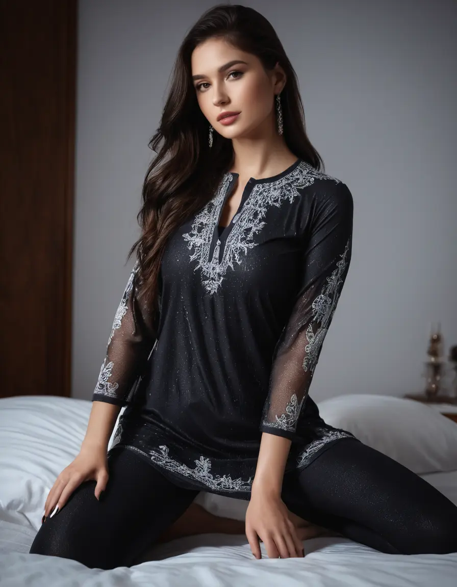 photo of young woman, in soaking wet, drenched clothes,
Very High heels, Legging , Skin tight Cotton round neck very long kurti with embroidery designs, half sleeve, transparent , ,Women in luxury bedroom with ambient and mood lights,super close up, 
enjoying, wet clothes stuck to body,
detailed textures of the wet clothes, wet face, wet plastered hair,
wet, drenched, professional, high-quality details, full body view.
sharp focus, ultra-high pixel detail, realistic, high-quality, full colors, incredibly detailed, 4k, 8k, 16k, hyper-realistic, RAW photo, masterpiece, ultra-detailed, professionally color graded, professional photograph,  Stylish Straight open hairstyle , fully dark  , black straight hair, campfire , huge thick ass, clevage , thin chain on neck, no hair part, wearing a luxury wrist watch 
