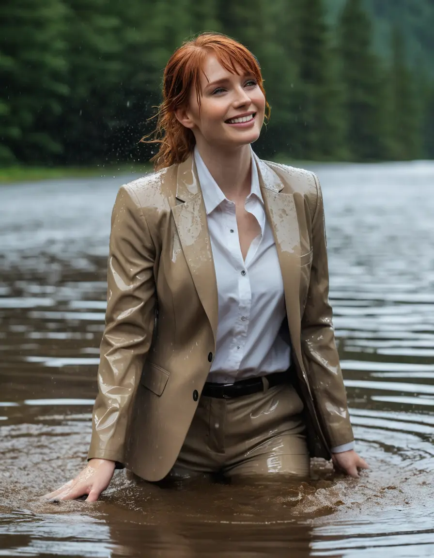 photo of young woman, in soaking wet, drenched clothes,
Beige Business Trouser, Beige Business Suit Jacket with Black button down long sleeve business Shirt, Clear deep Mountain Lake, heavy rain, 
enjoying, wet clothes stuck to body,
detailed textures of the wet clothes, wet face, wet plastered hair,
wet, drenched, professional, high-quality details, full body view.
sharp focus, ultra-high pixel detail, realistic, high-quality, full colors, incredibly detailed, 4k, 8k, 16k, hyper-realistic, RAW photo, masterpiece, ultra-detailed, professionally color graded, professional photograph, bryce dallas howard, completely soaked, fully drenched, completely wet, wetlook, heavy rain, emerging,  she smiles, side parting, open hair, rain storm, heavy rain